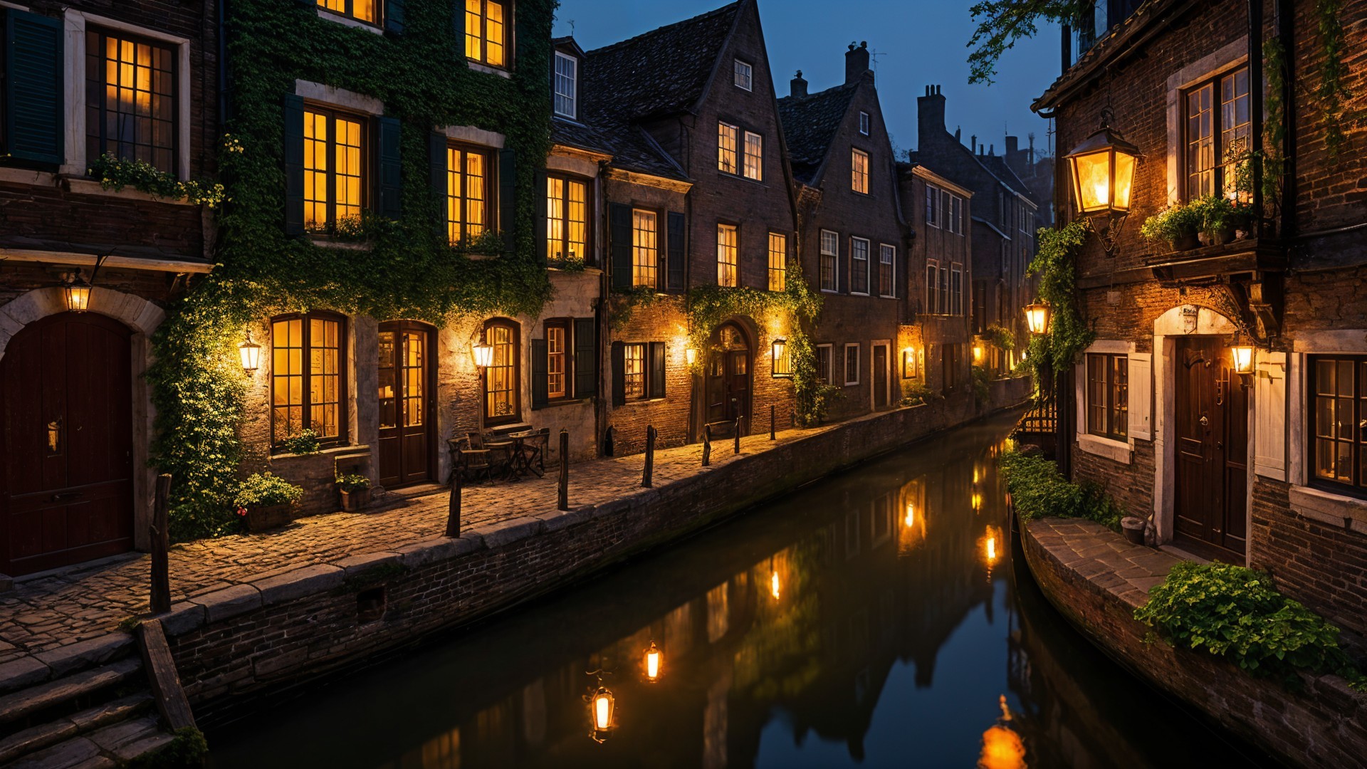 Serene canal with charming brick houses at twilight