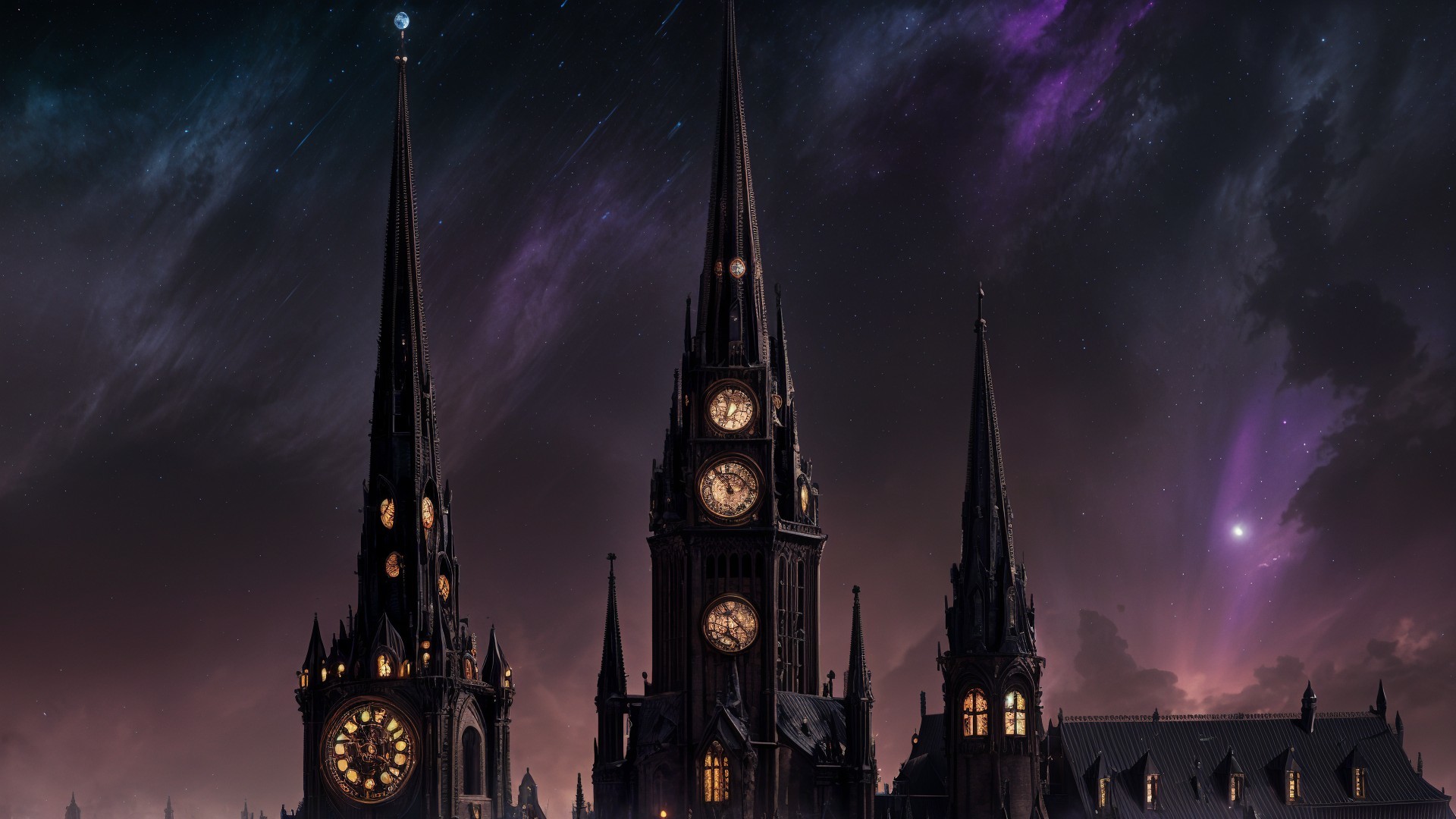 Gothic Structure with Spires Against Starry Night Sky