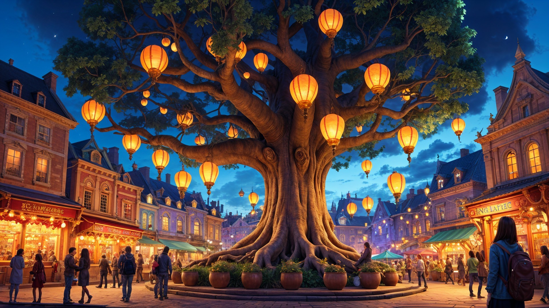 Majestic tree with lanterns in lively town square