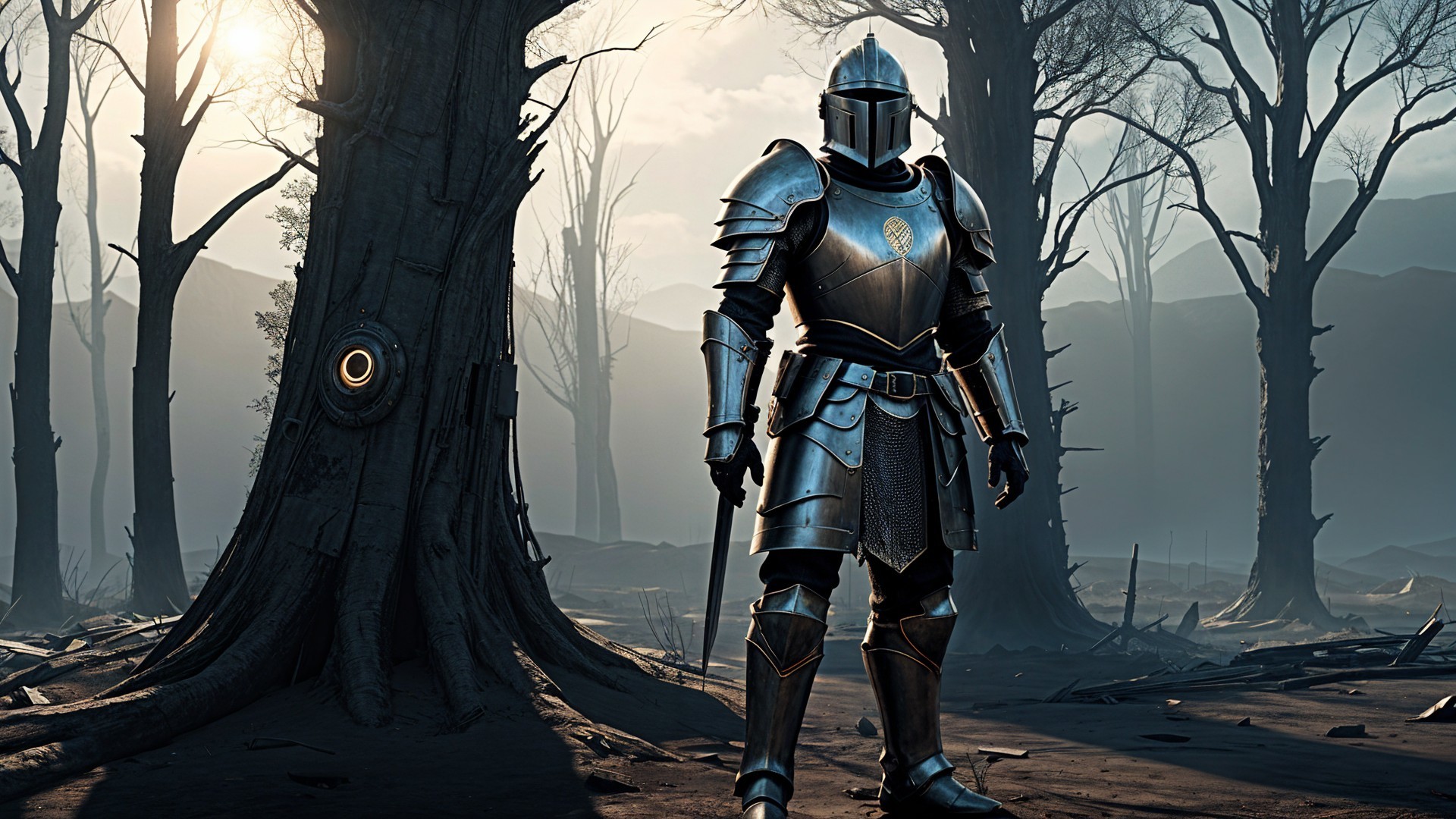 Knight in Gleaming Armor in a Misty Forest