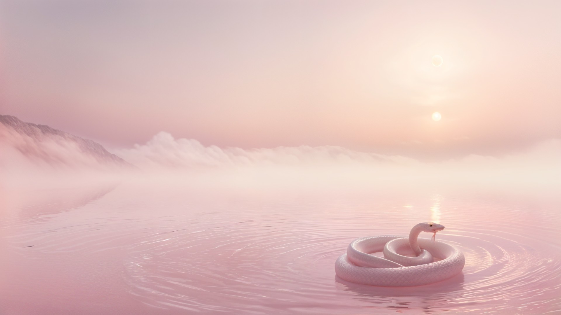 Serene landscape with pink water and glowing suns