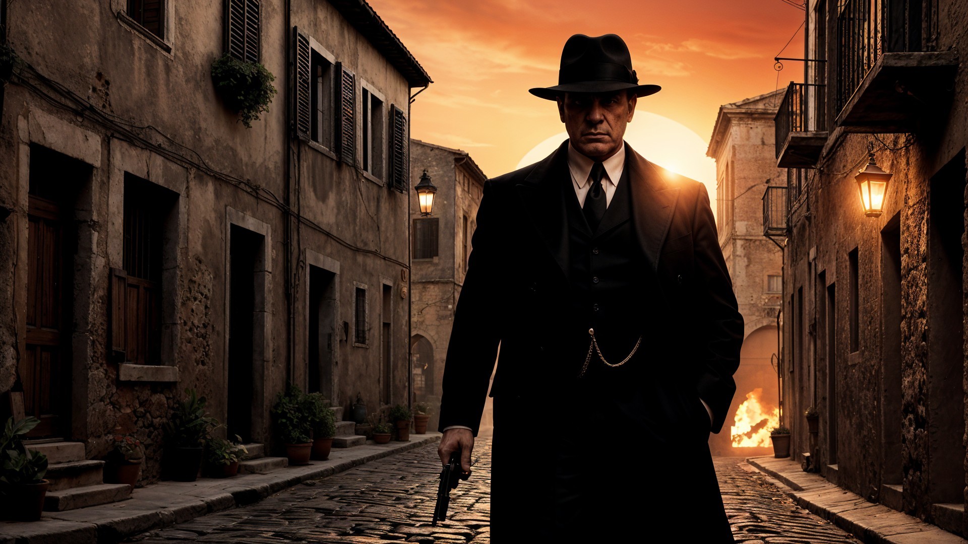 Mysterious Figure in Cobblestone Street at Sunset