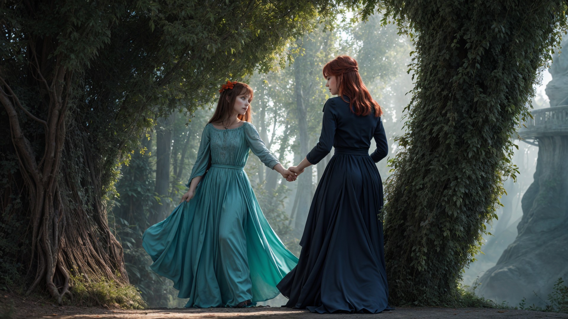 Women in Dresses Walking Through a Green Archway
