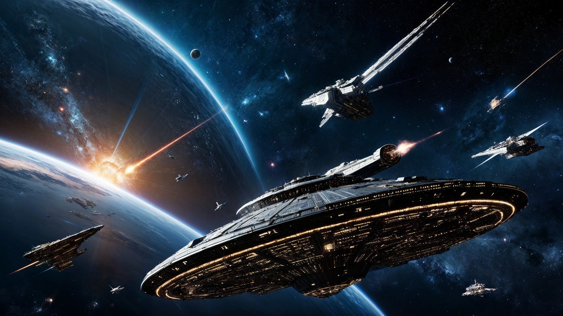 Futuristic Spacecraft in Cosmic Battle Scene