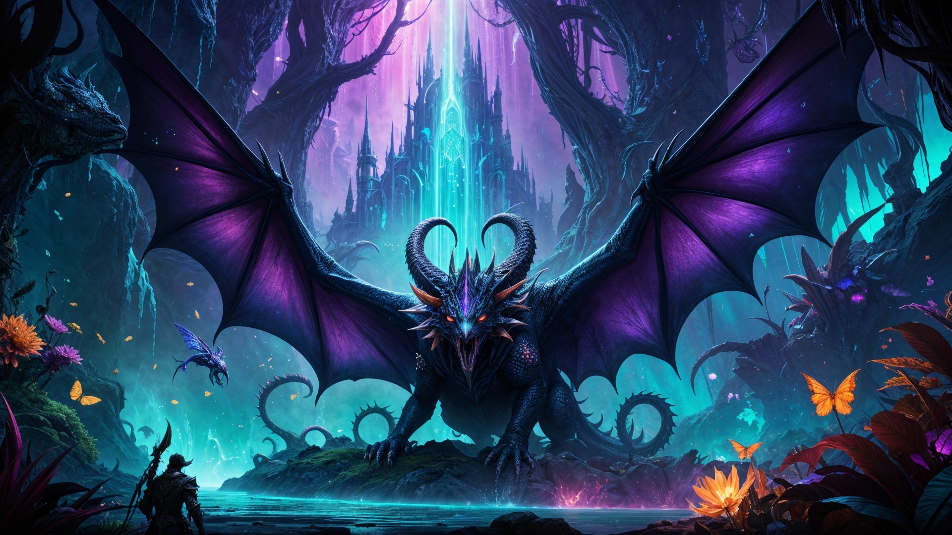 Colossal Dragon in Mystical Forest by Tranquil Pond