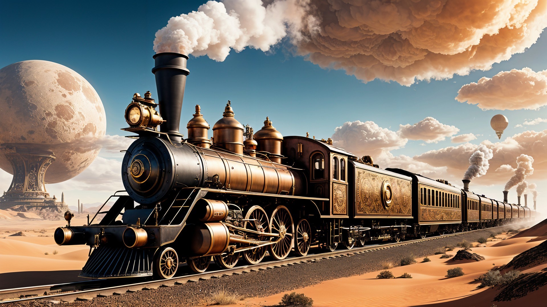 Steam Locomotive in Desert Landscape with Balloons