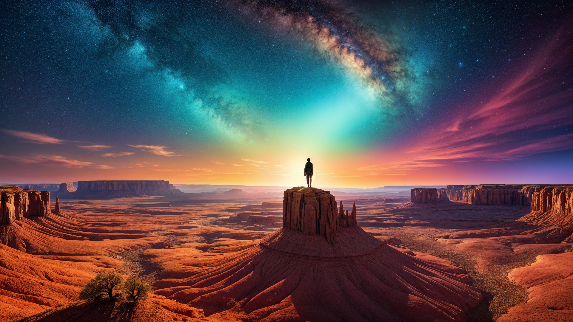 Lone Figure on Rock Formation in Twilight Landscape