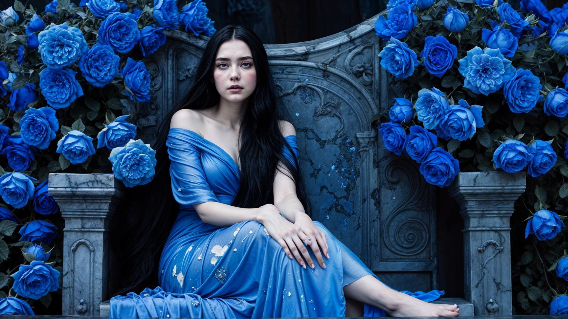 Young woman in blue gown on stone throne with roses