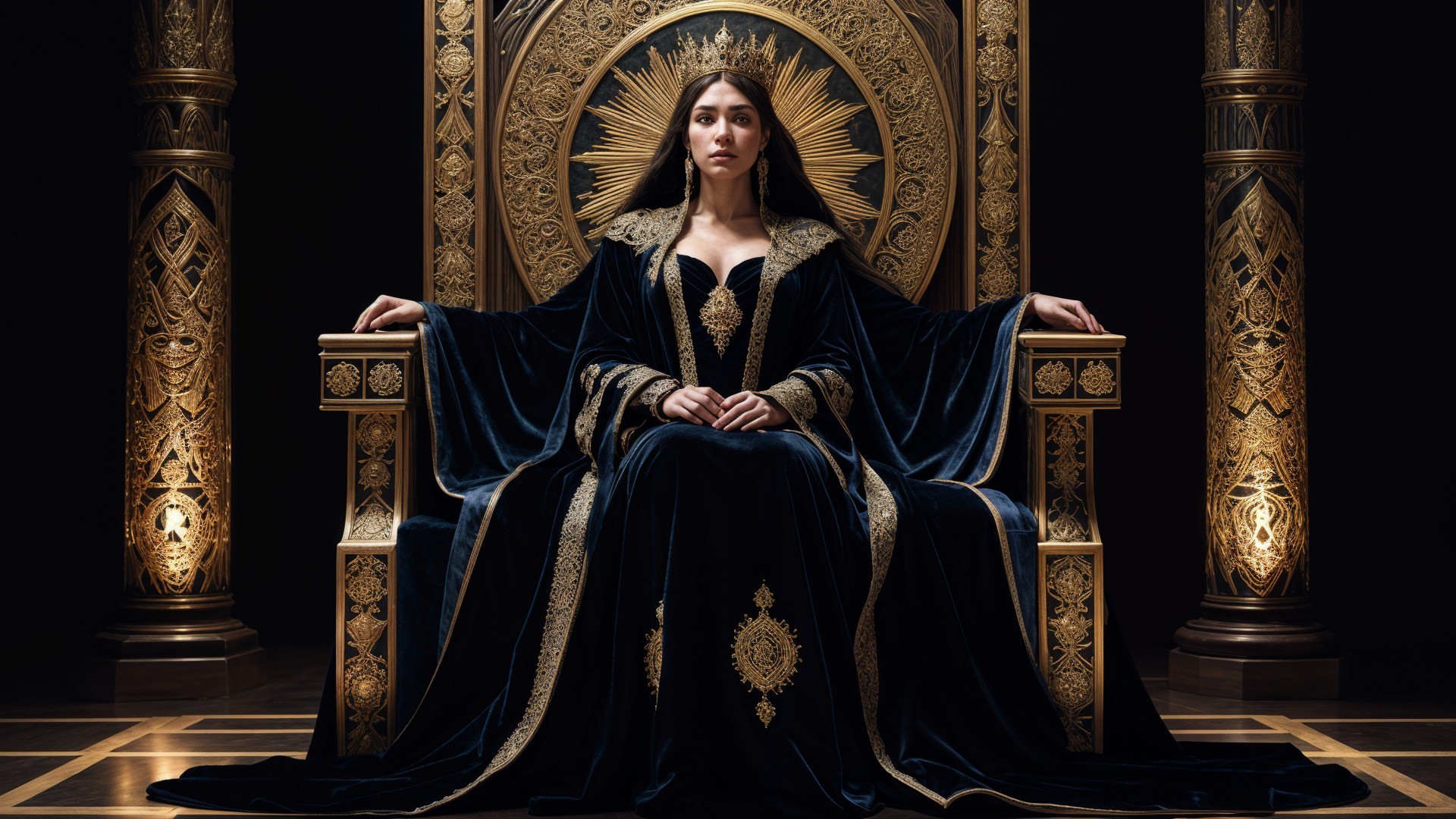 Regal Figure on Ornate Throne in Dimly Lit Setting