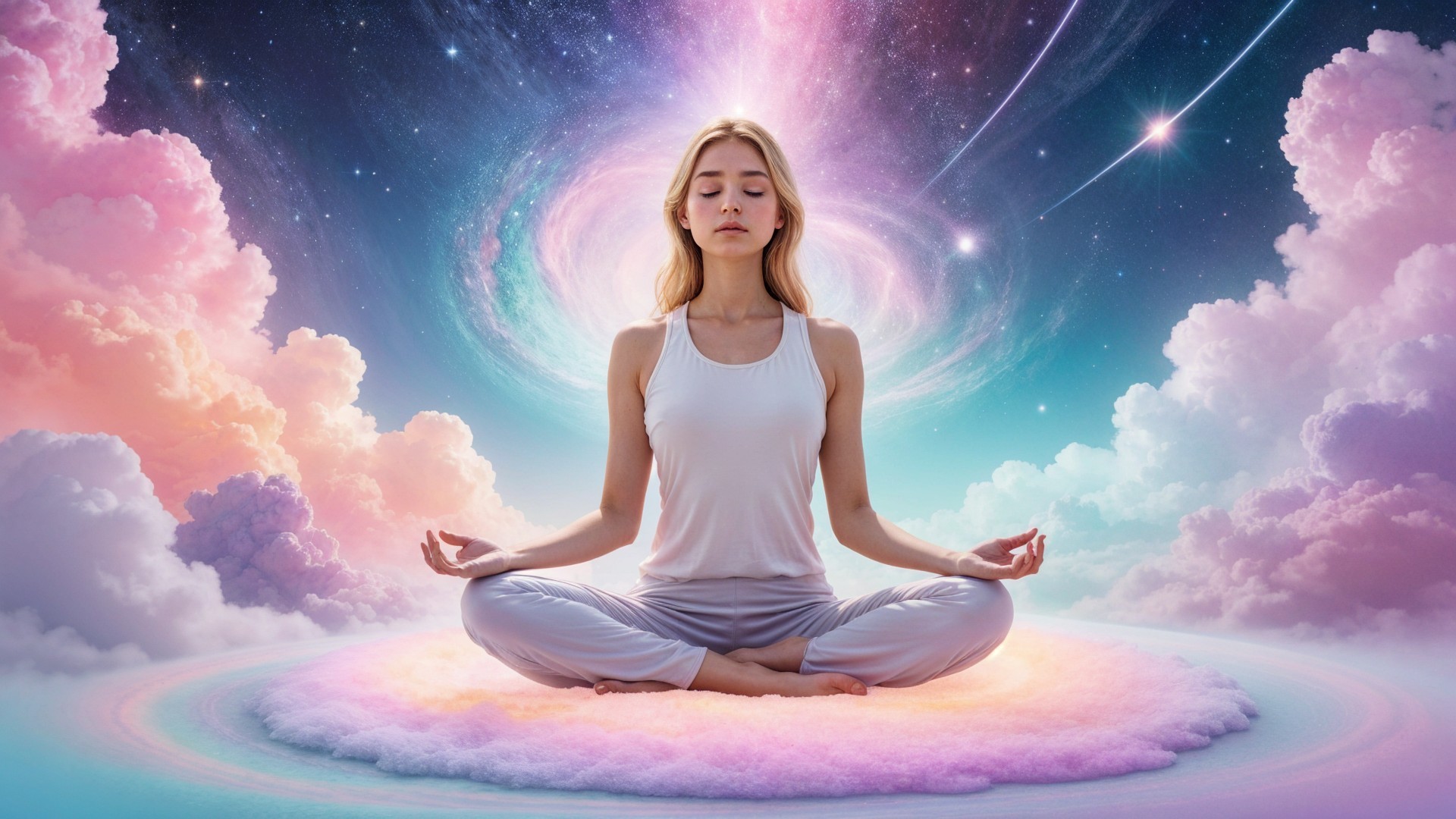 Serene Woman Meditating in Cosmic Landscape