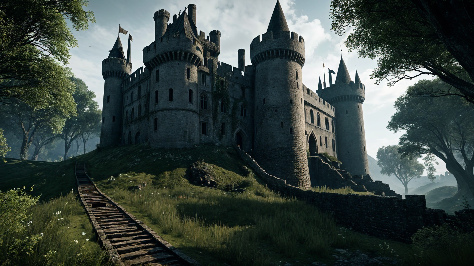 Majestic Stone Castle on Grassy Hill with Towers
