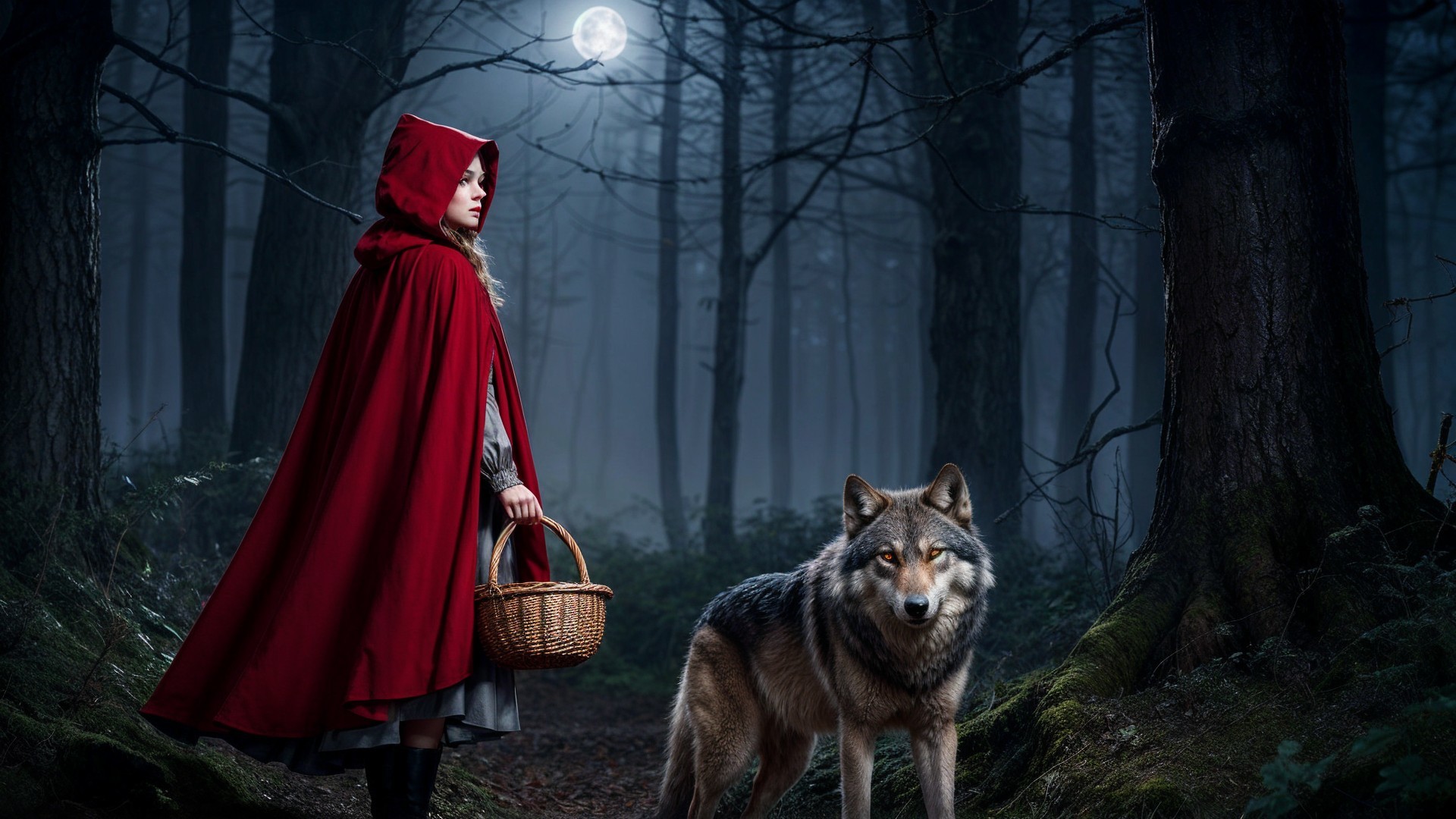 Moonlit Forest Scene with Girl and Watchful Wolf