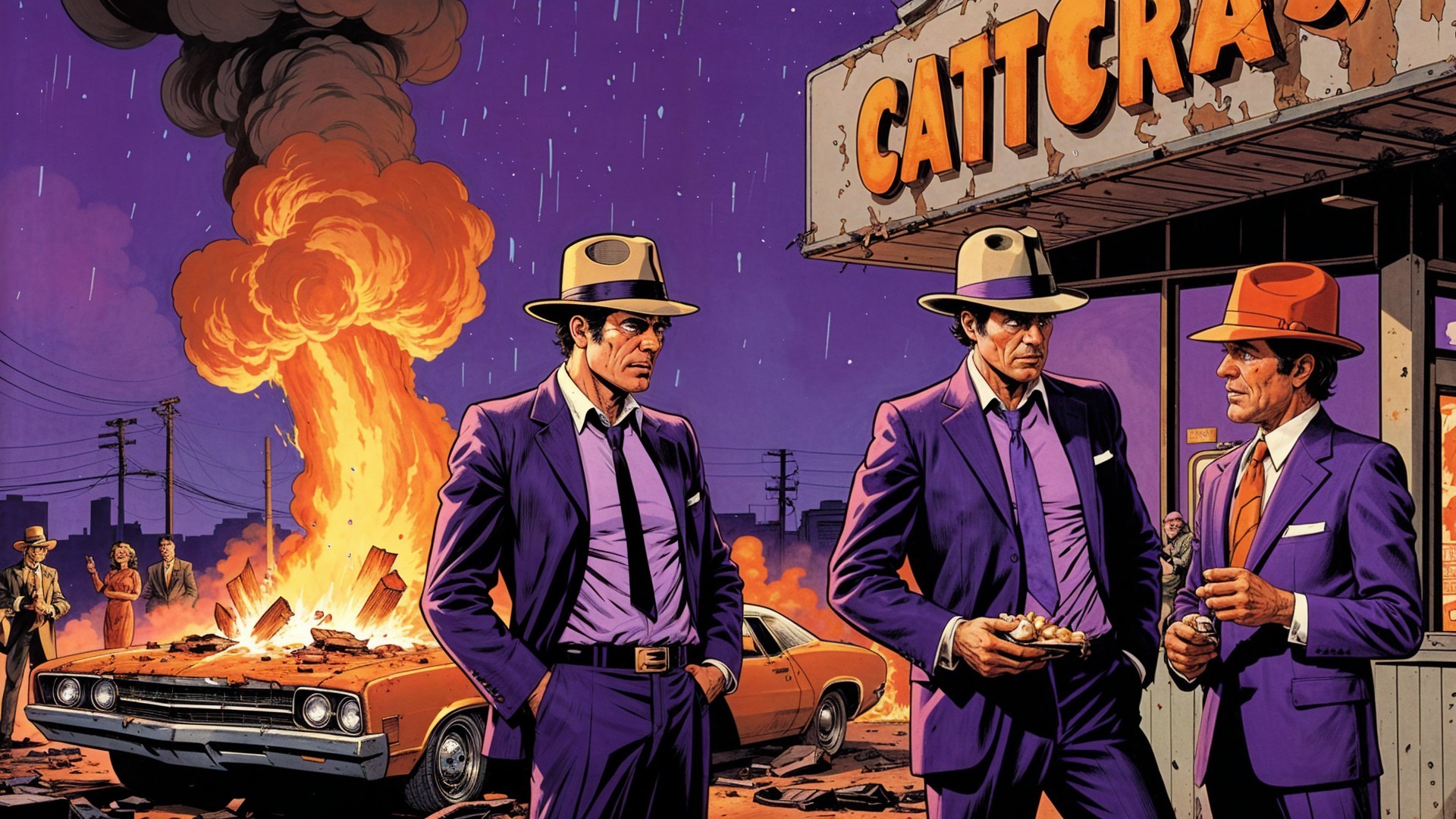 Three Men in Purple Suits by Burning Car at Diner