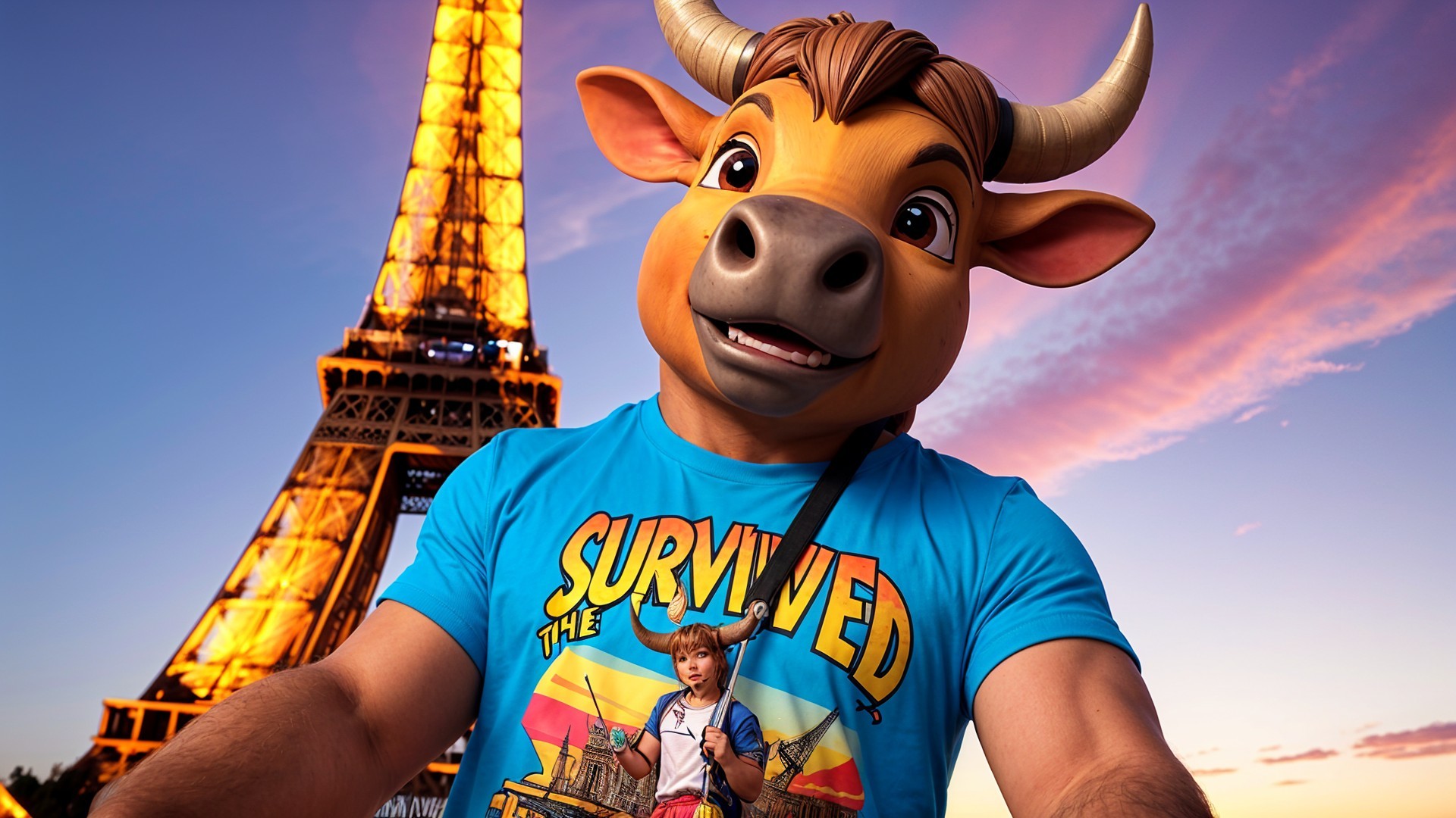 Person in Bull Mask at Eiffel Tower at Sunset