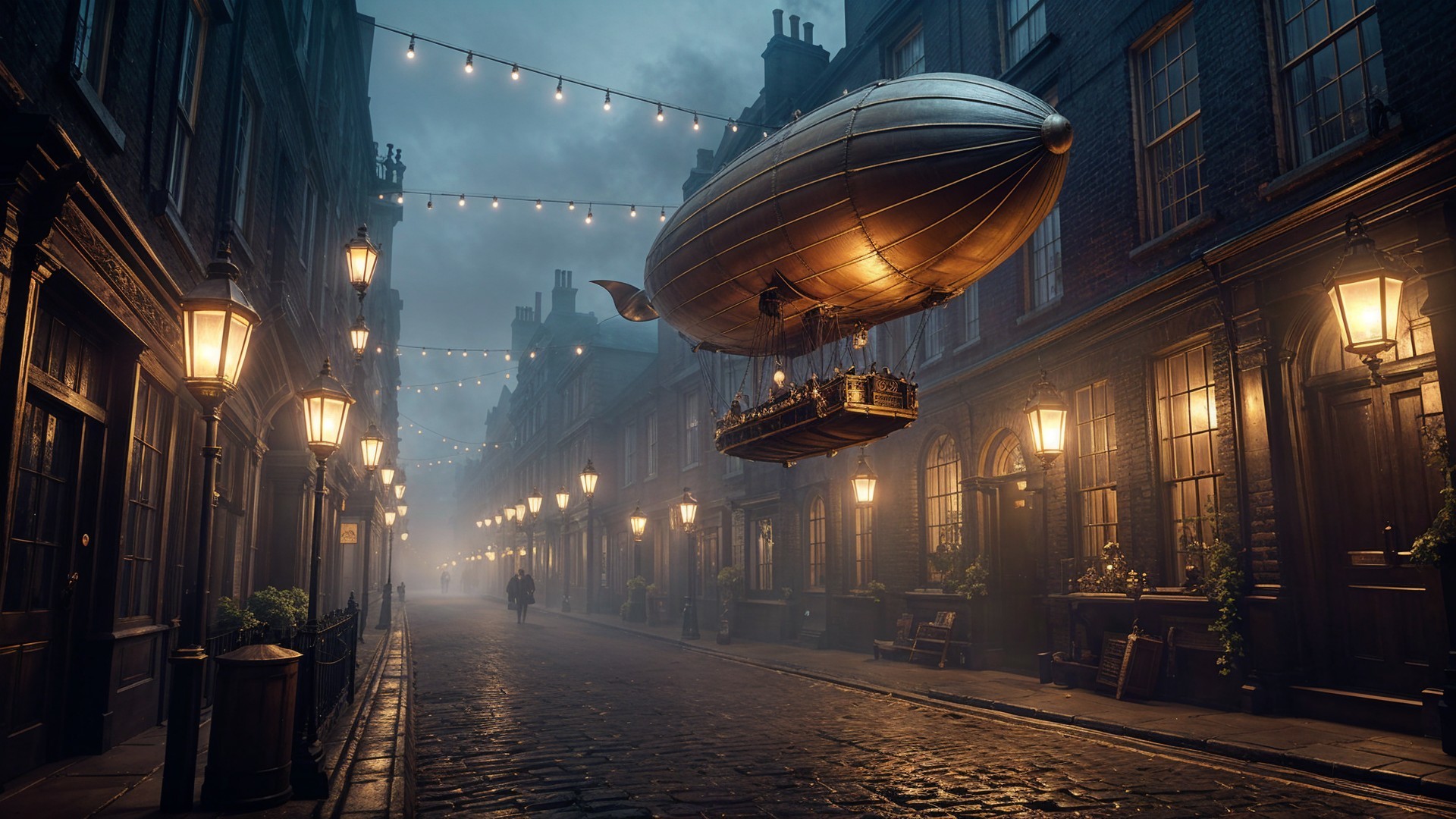 Foggy Street with Vintage Airship and Warm Lighting