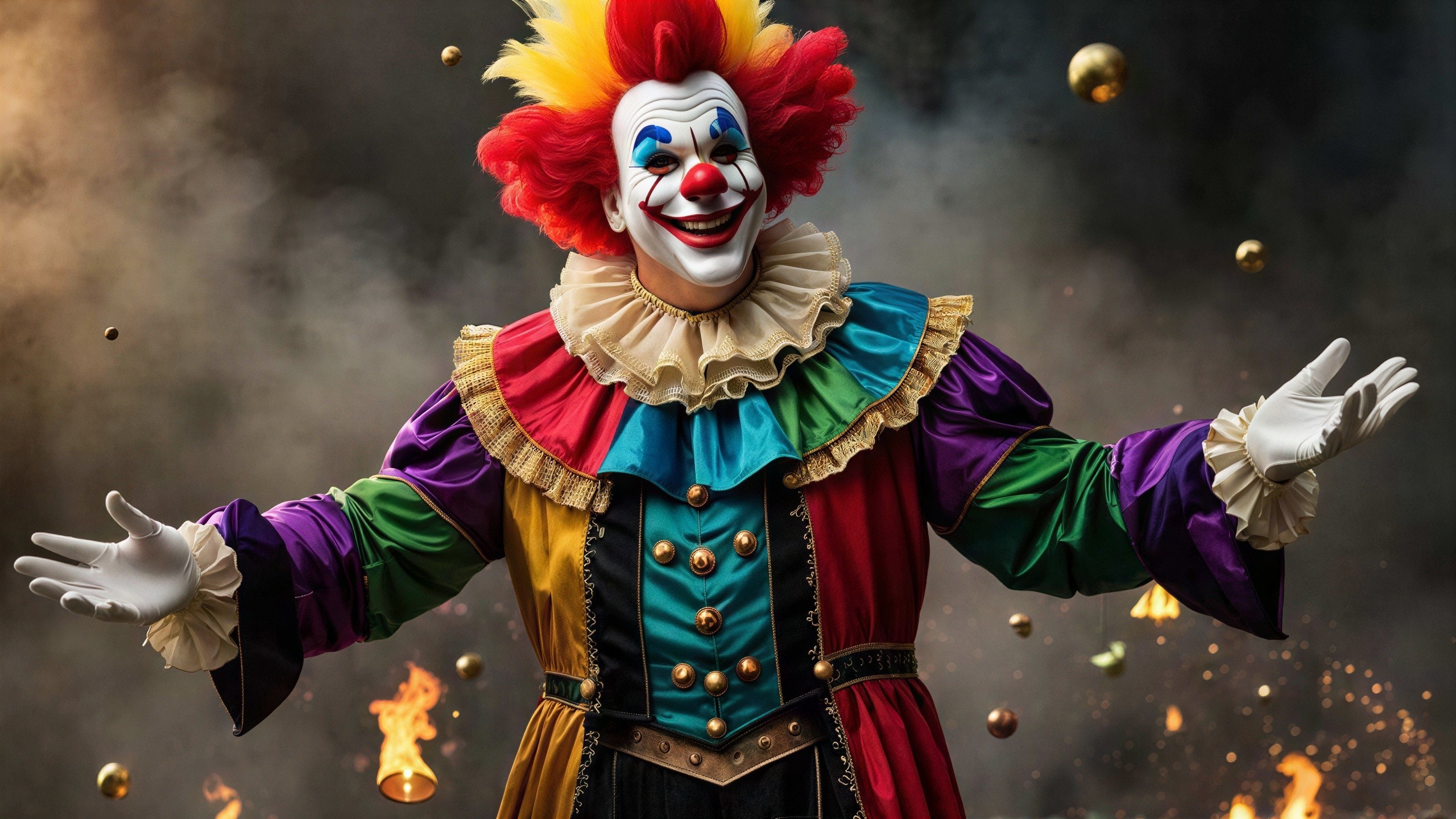 Vibrant Male Clown in Colorful Costume and Makeup
