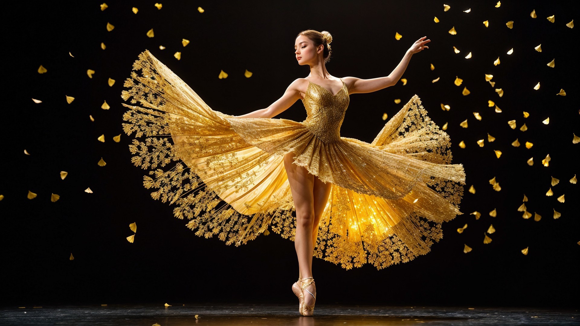 Ballerina in Golden Dress Surrounded by Gold Confetti