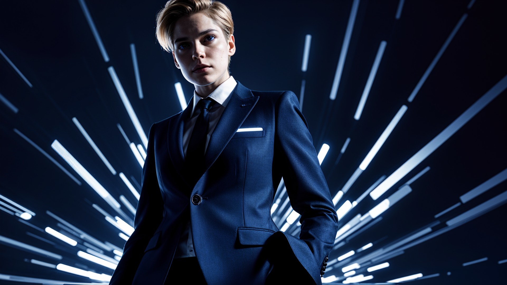 Confident Individual in Blue Suit with Dramatic Lighting