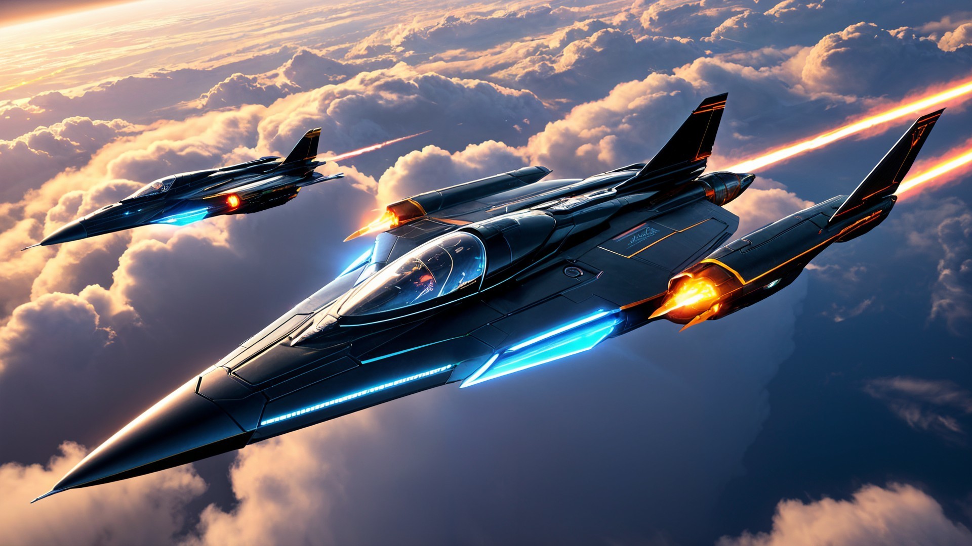 Futuristic fighter jets in a vibrant sunset sky
