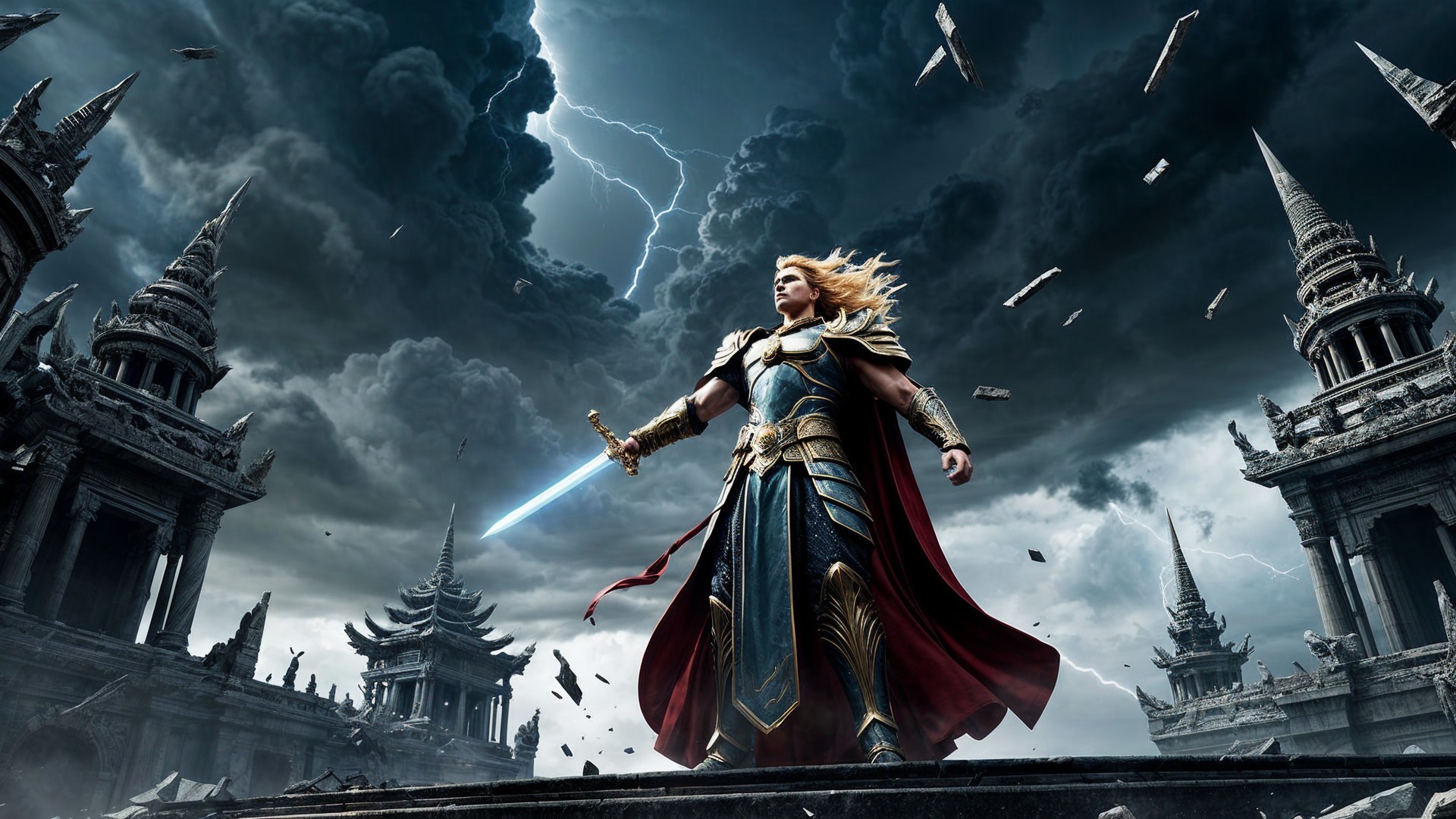 Majestic warrior on stone platform with sword and armor