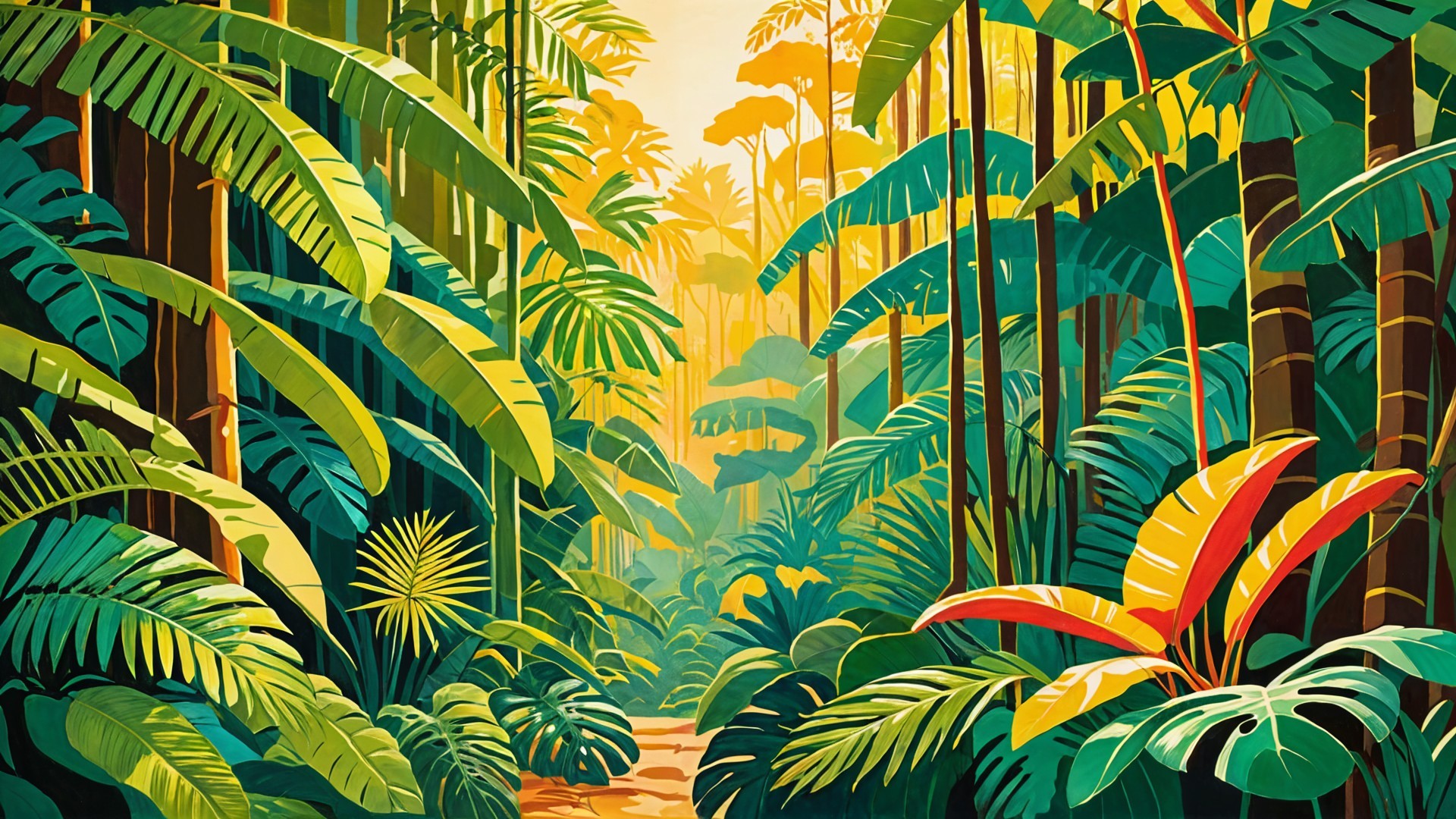 Lush Jungle Scene with Vibrant Foliage and Canopy