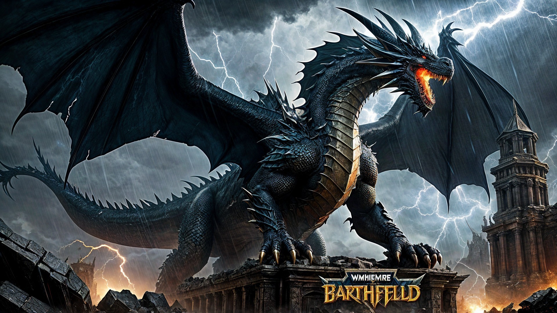 Majestic Black Dragon on Ruined Structure Under Storm