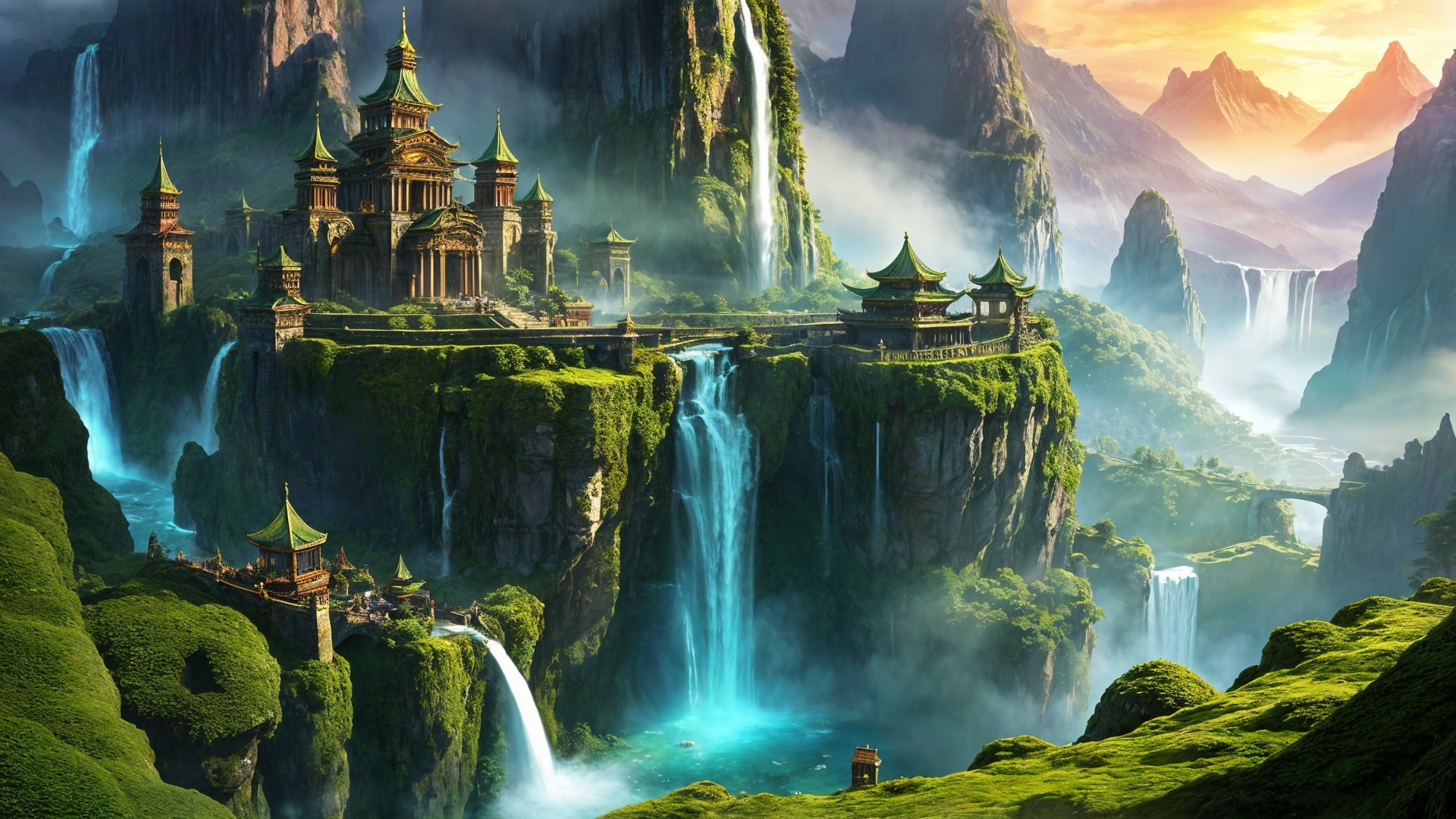 Fantasy Landscape with Palace and Waterfalls