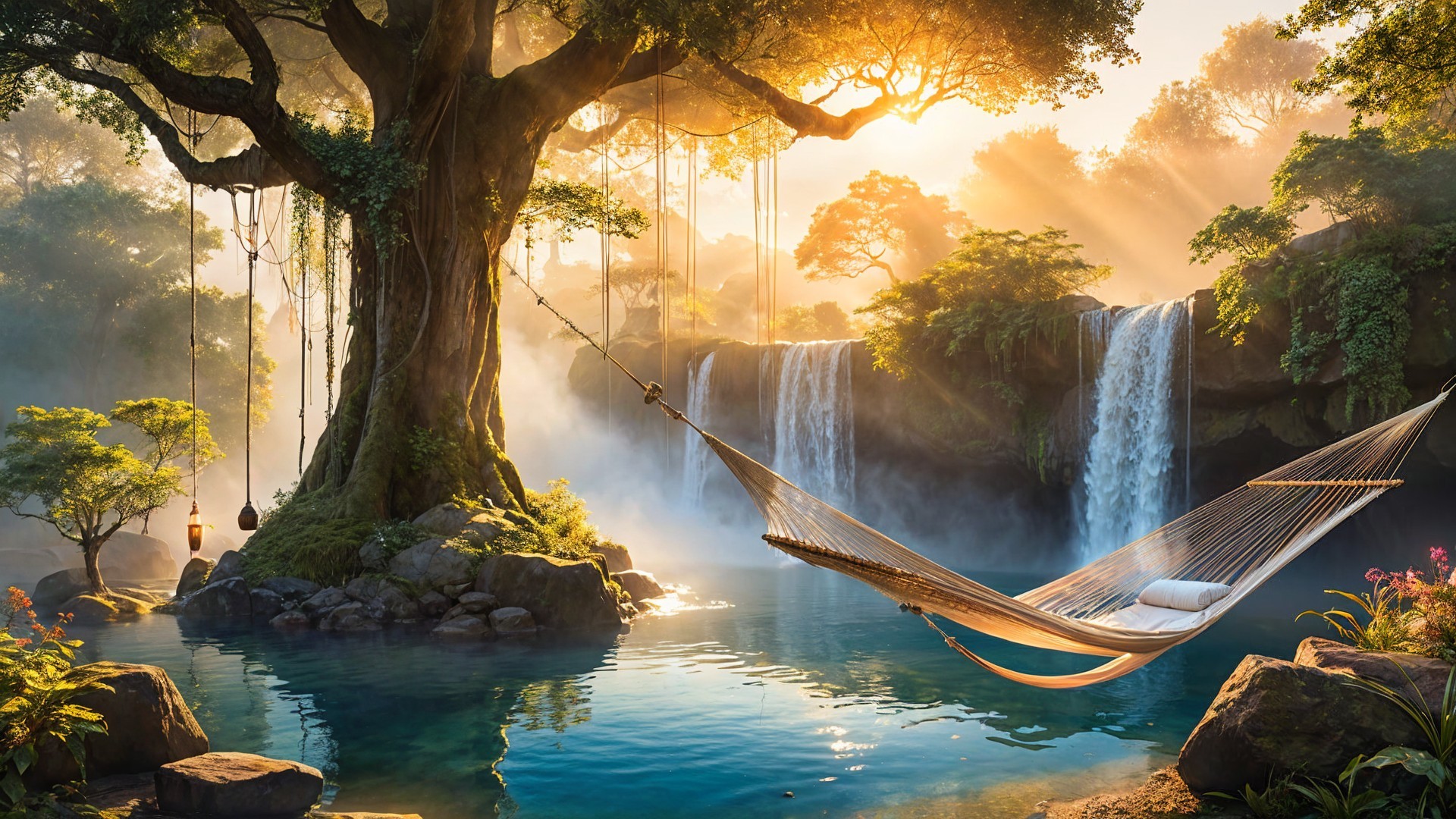 Majestic tree and hammock by serene blue lagoon