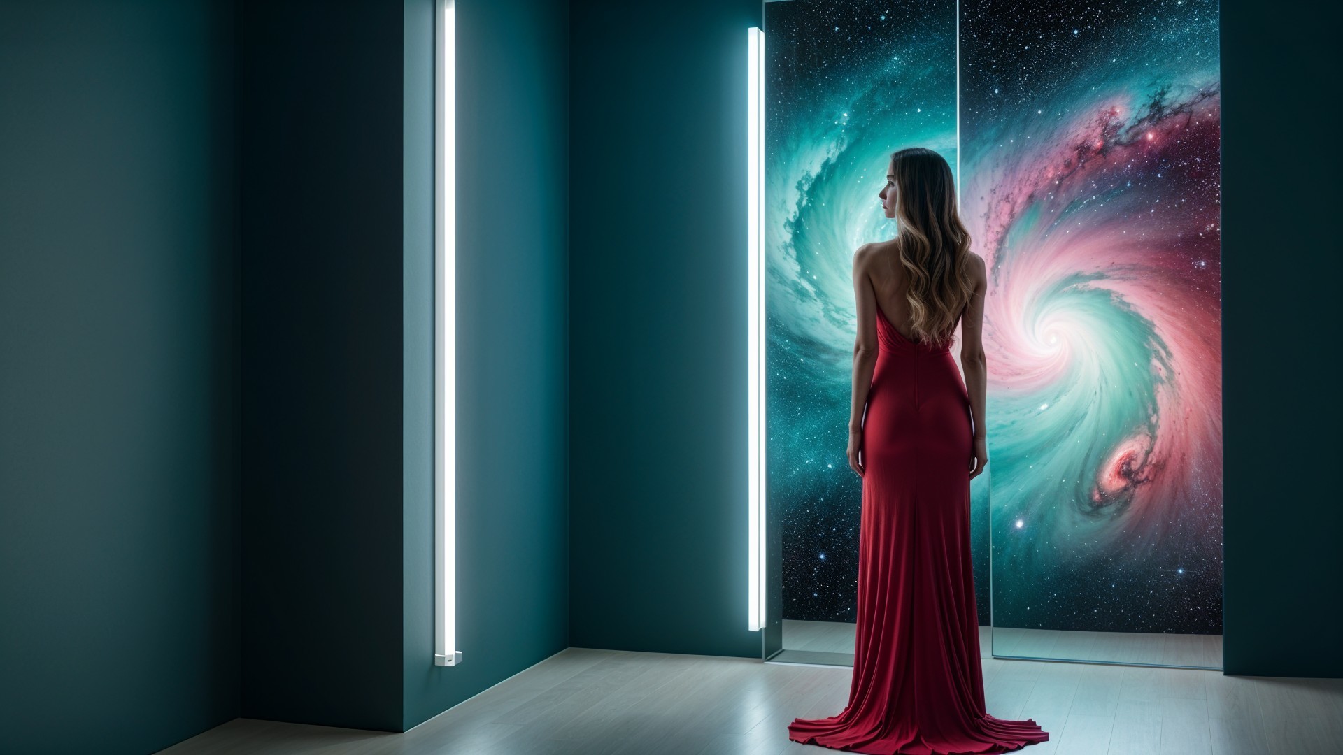 Woman in Red Dress Against Galaxy Mural in Minimalist Room