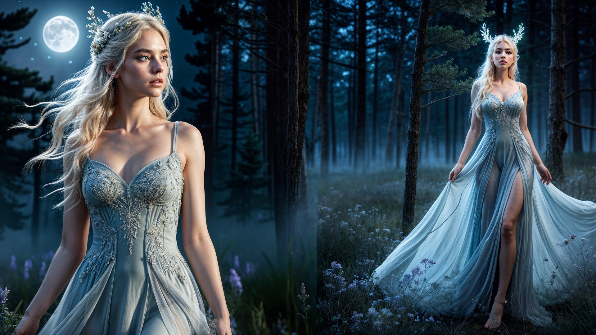 Young Woman in Ethereal Gown in Moonlit Forest