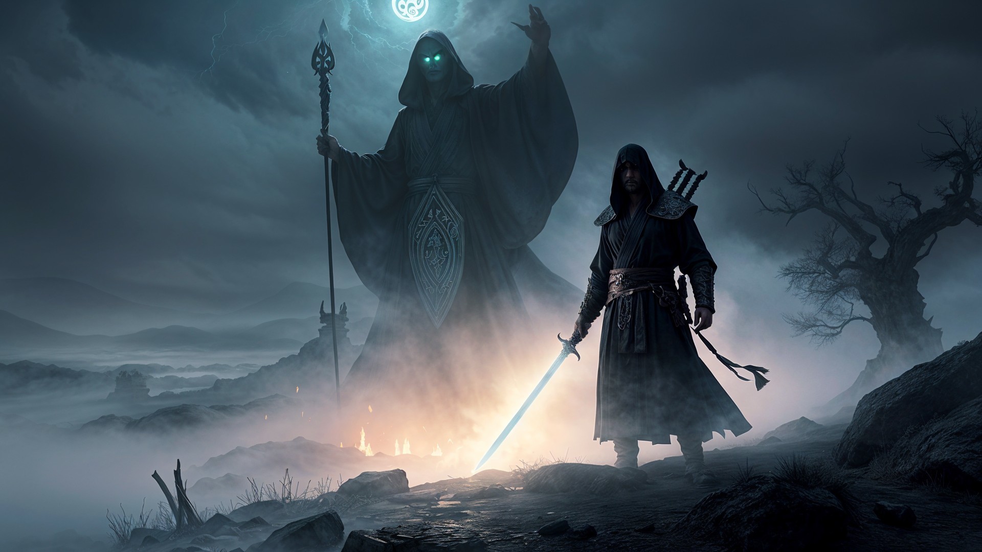 Dark Mystical Landscape with Hooded Figure and Specter