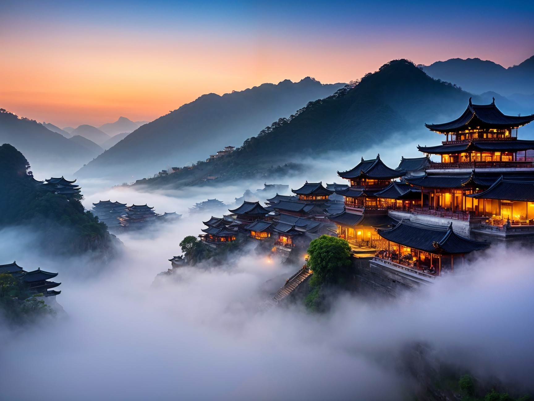 Serene Mountain Landscape with Asian Architecture at Dusk
