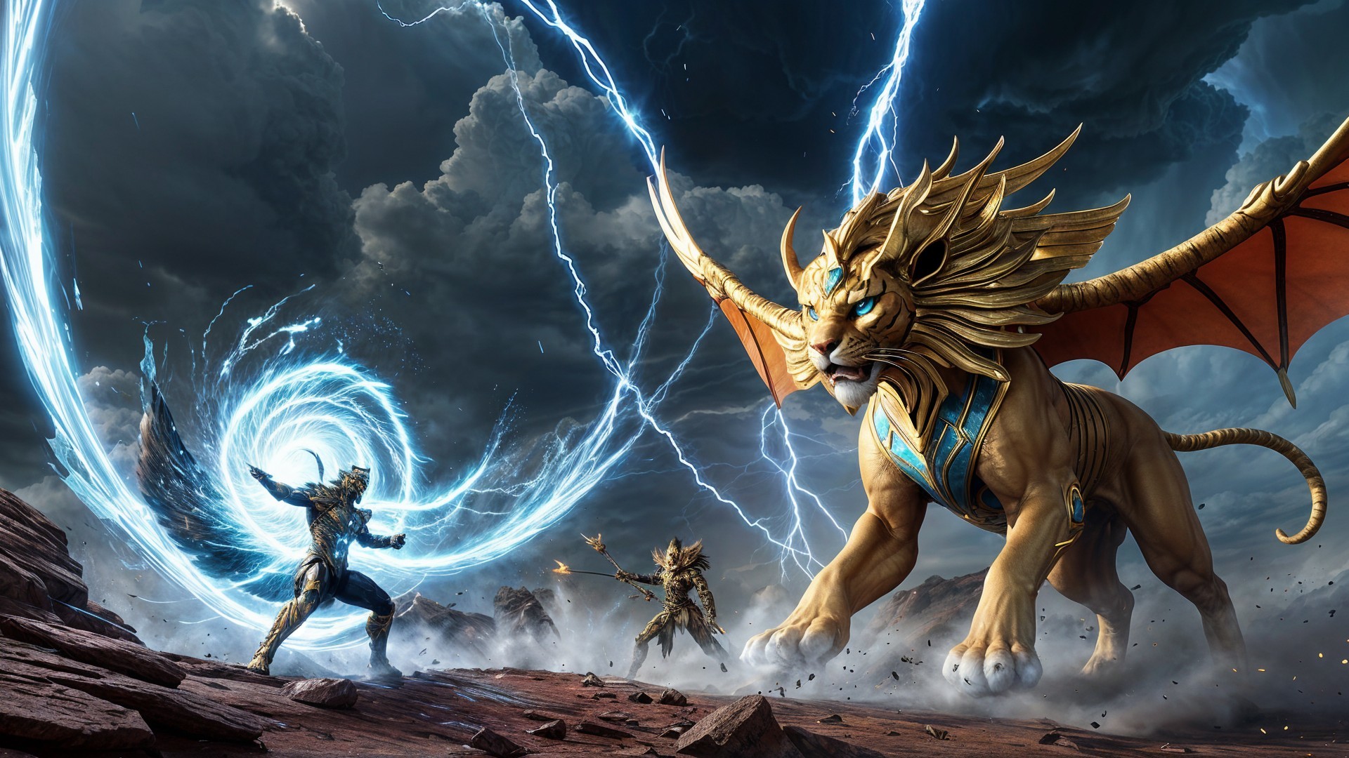 Colossal Lion Creature in Epic Battle with Warriors