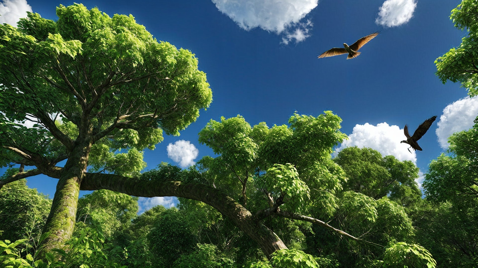 Vibrant Forest Scene with Trees and Birds Under Sky