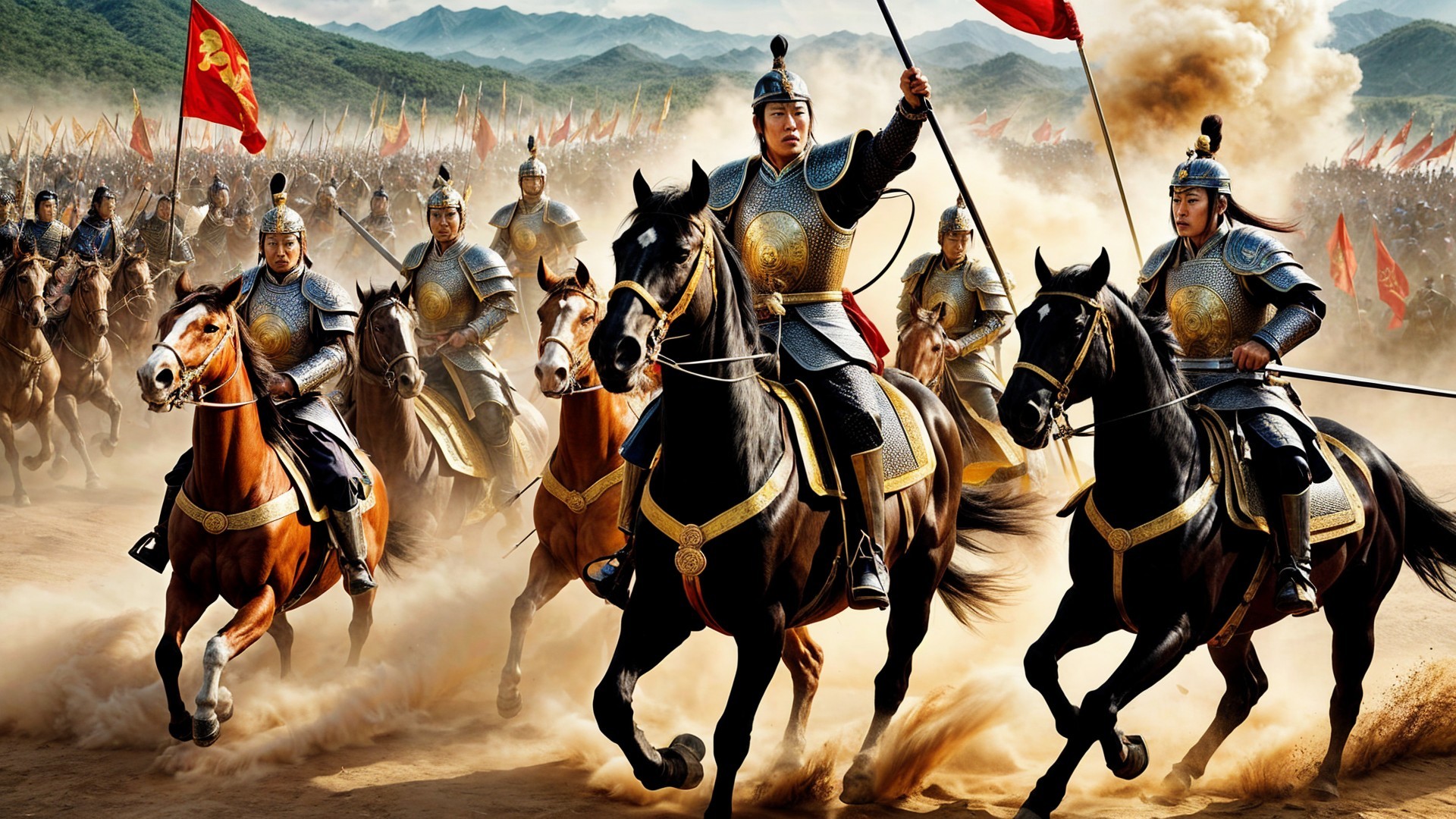 Dramatic Battlefield Scene with Armored Warriors on Horseback