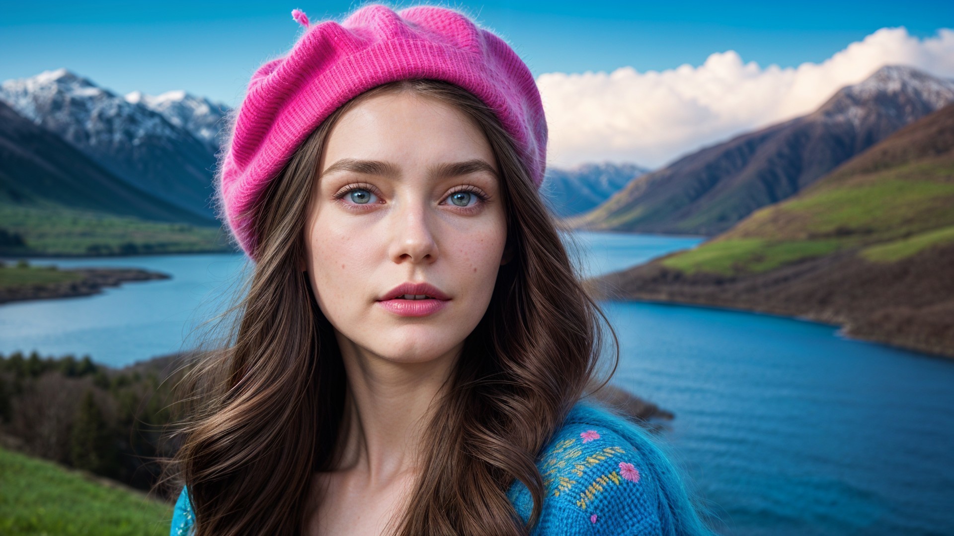 Young woman with blue eyes in scenic landscape setting