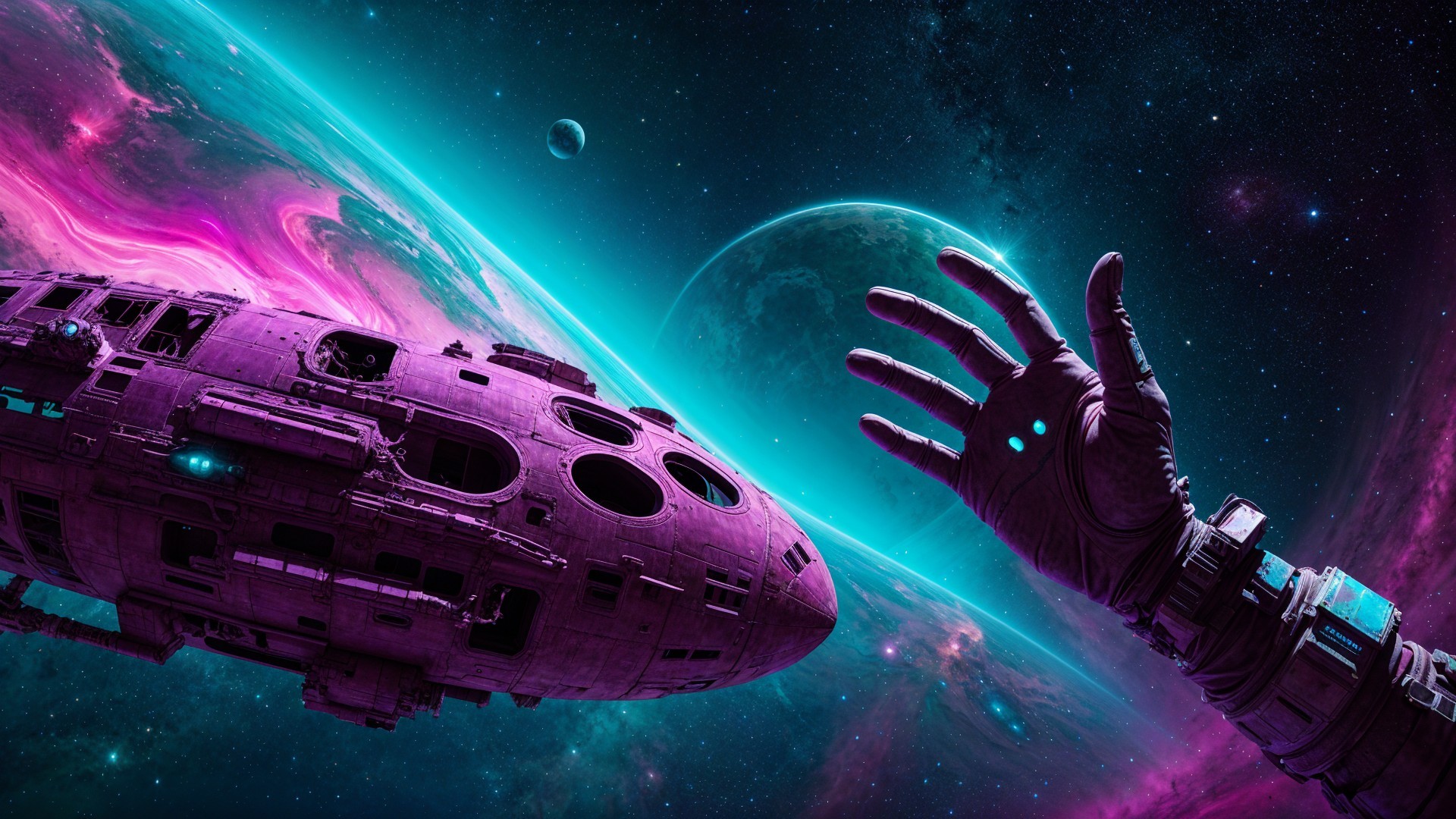 Purple Spaceship Near Vibrant Nebula in Space Scene