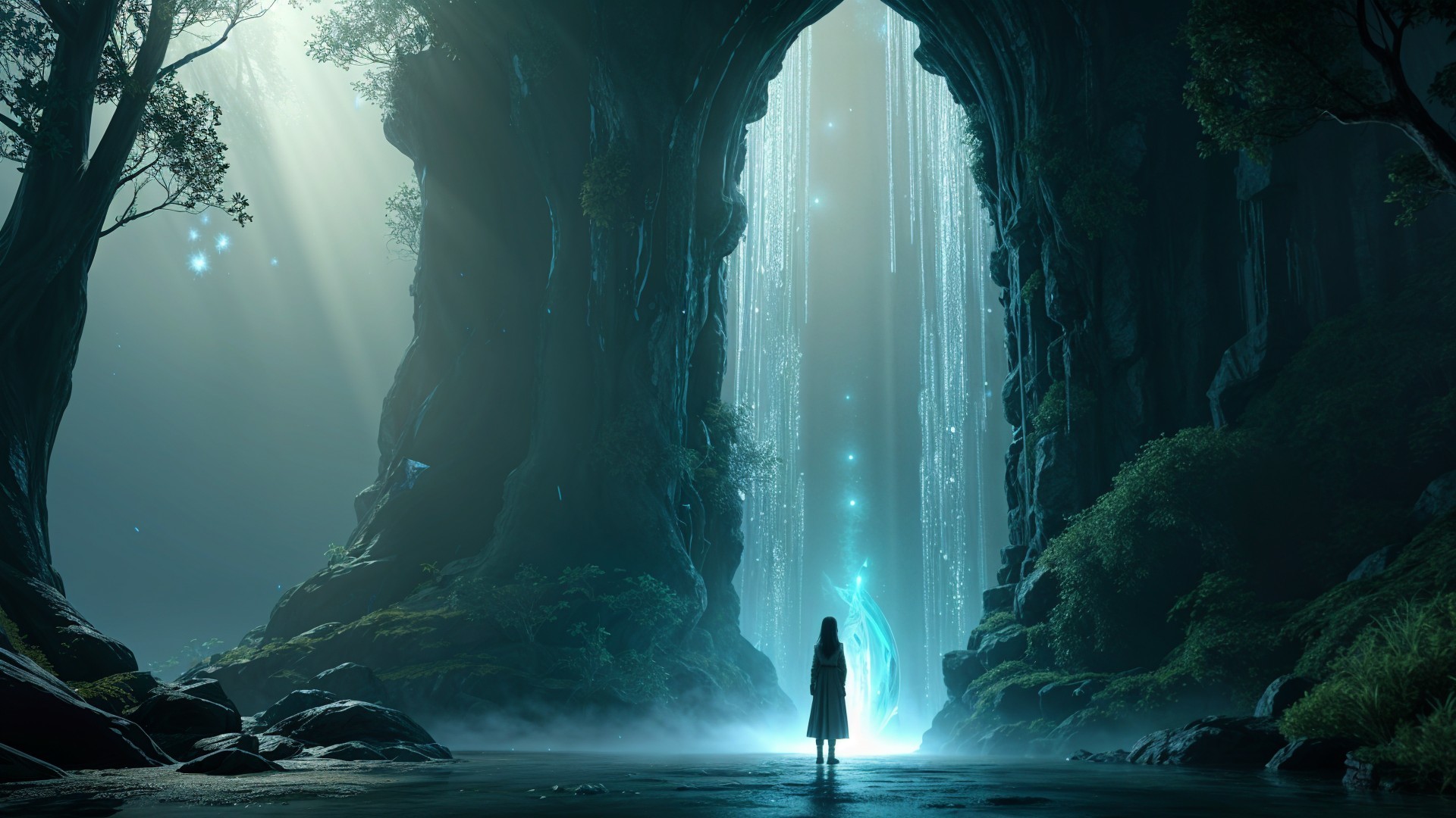 Mysterious Cave with Ethereal Light and Silhouette Figure