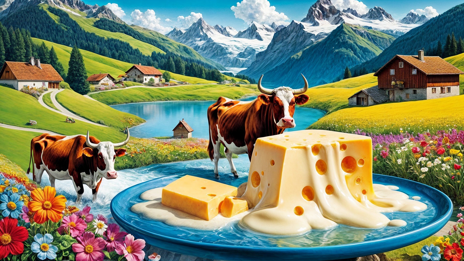 Cows Grazing by Lake in Lush Rural Landscape