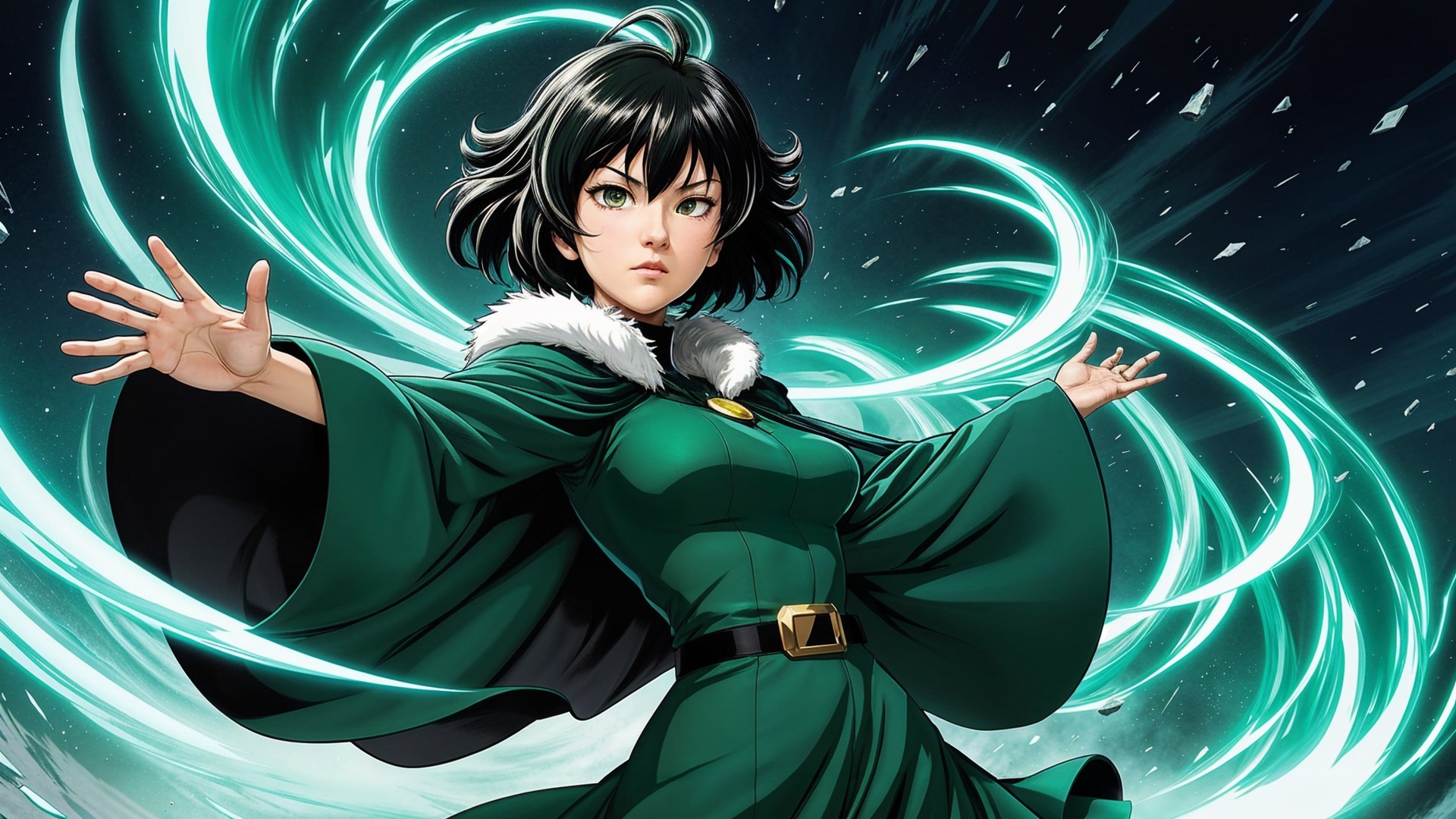 Confident Female Character in Elegant Green Dress