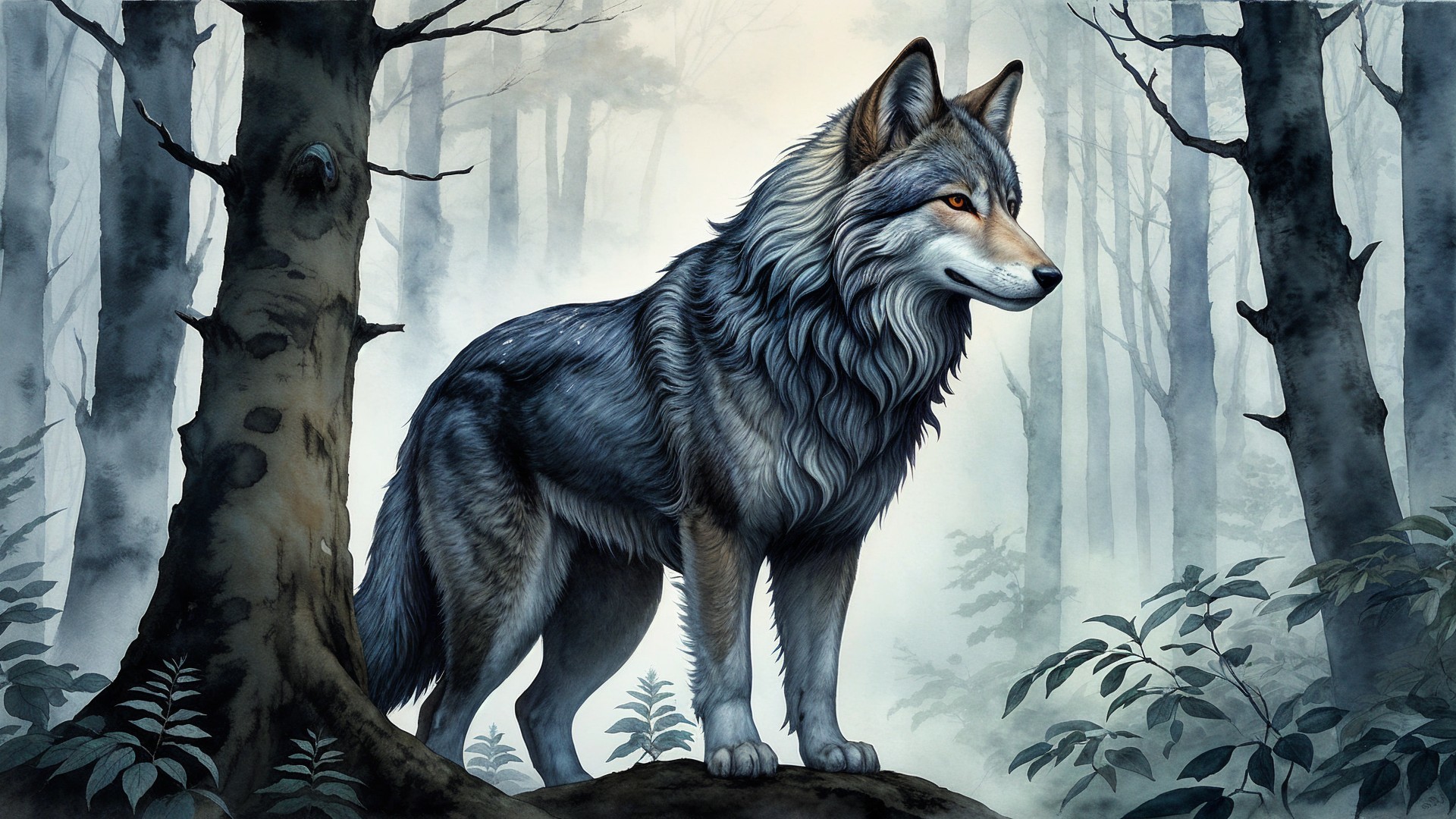 Majestic wolf in misty forest with lush greenery