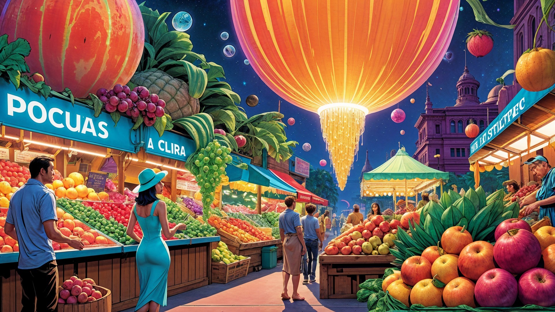 Vibrant Nighttime Market with Colorful Fruit Stalls