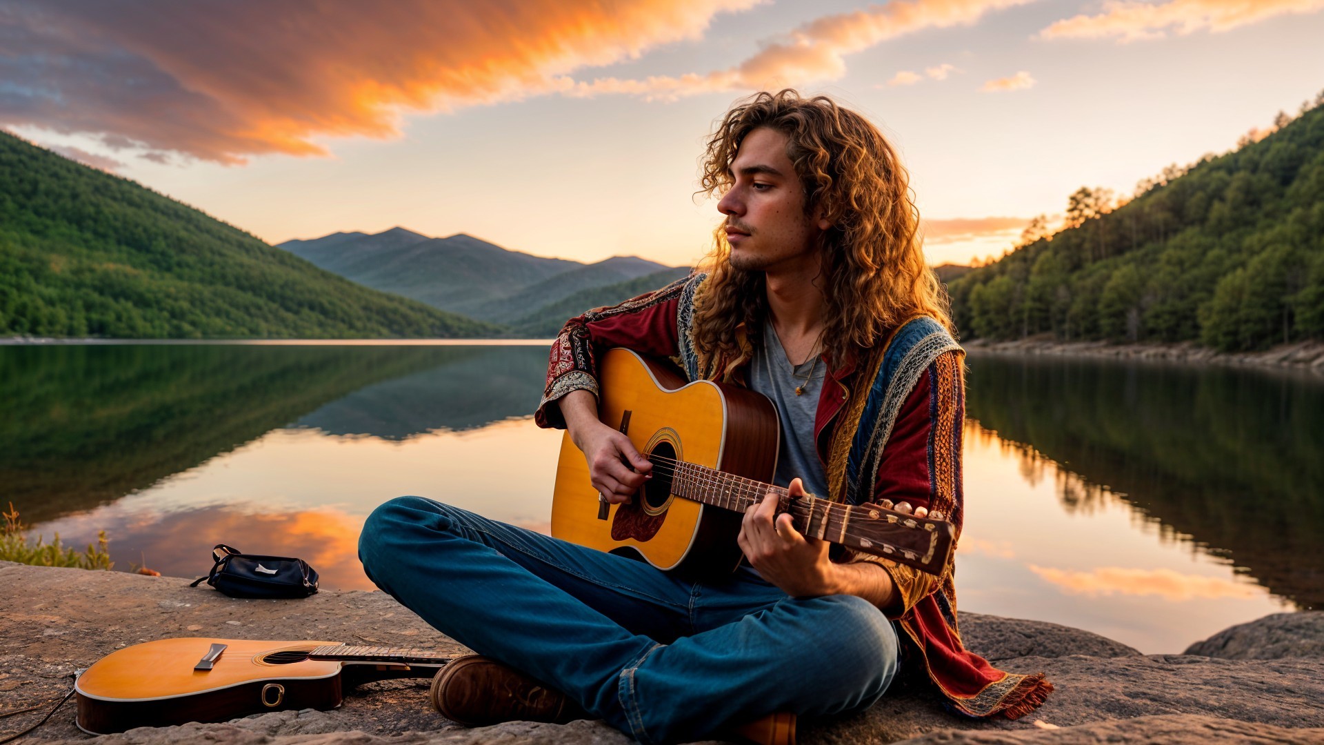 Young man playing guitar by a serene lake at sunset