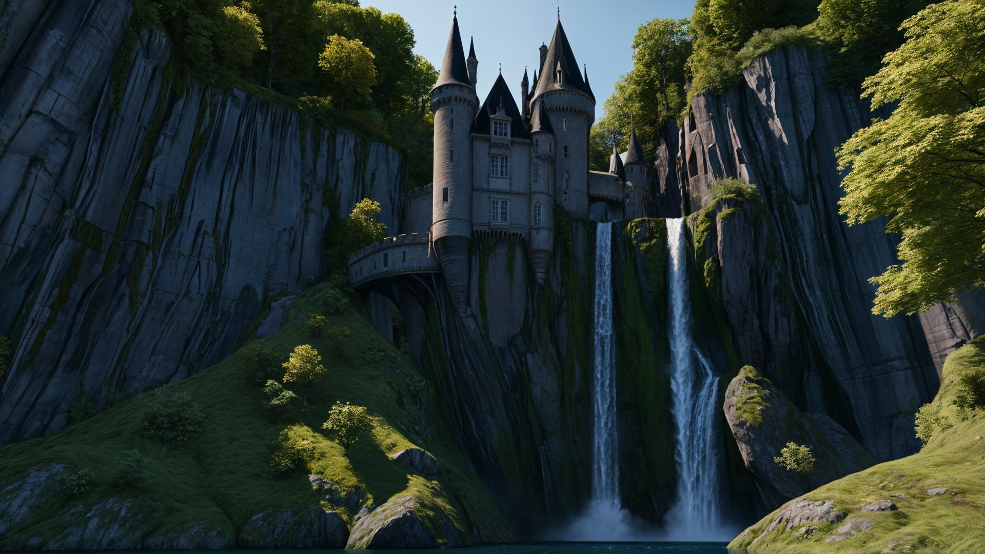 Majestic castle on cliffs with waterfalls and lake