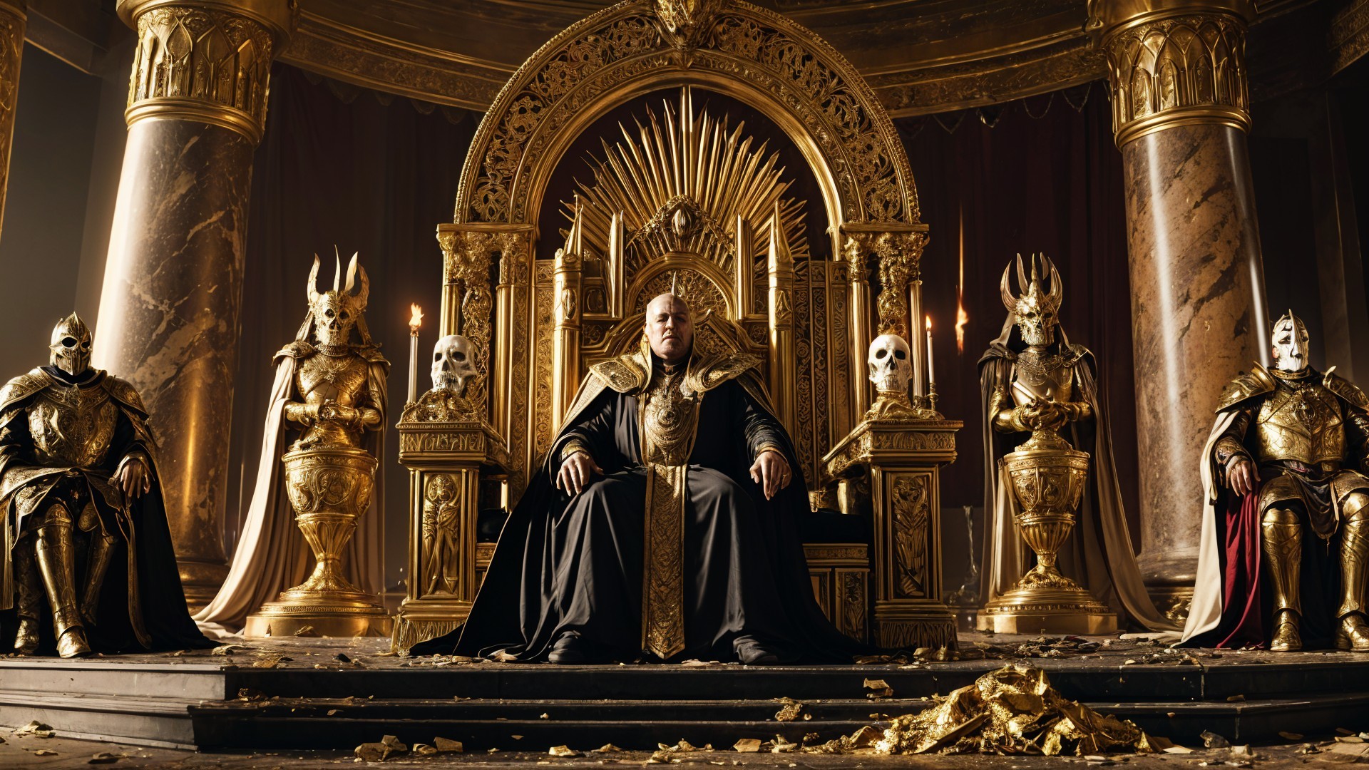 Throne Room with Gold Decor and Ominous Atmosphere