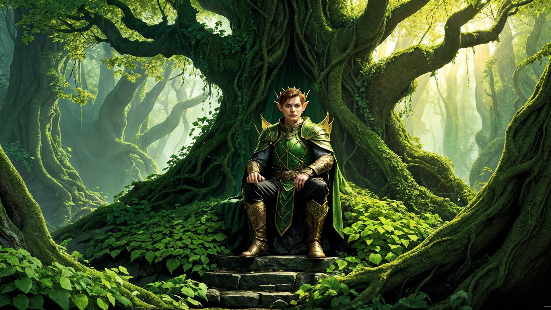 Regal Elf on Stone Throne in Enchanted Forest