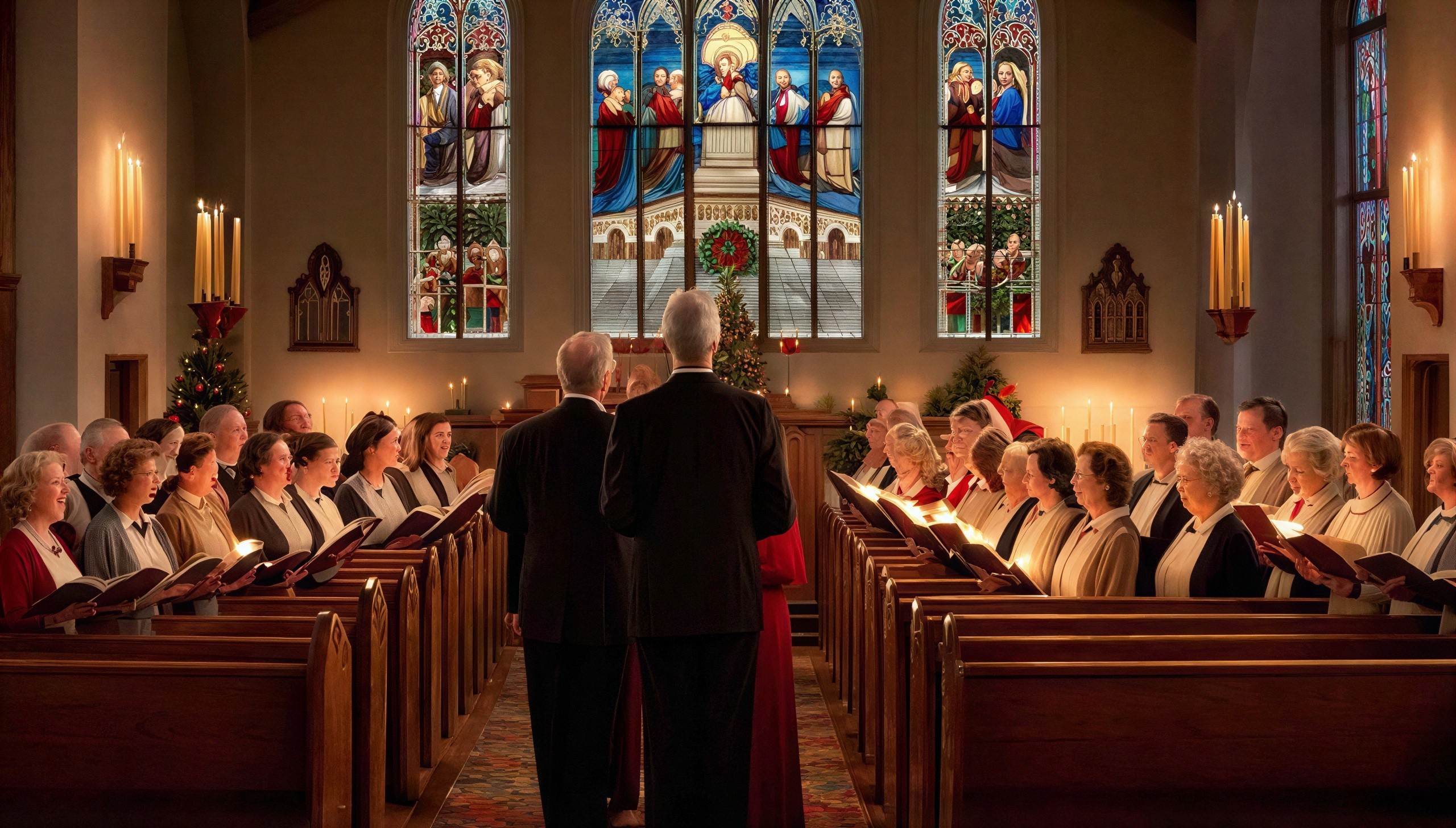 Choir Performance in Decorated Church with Stained Glass