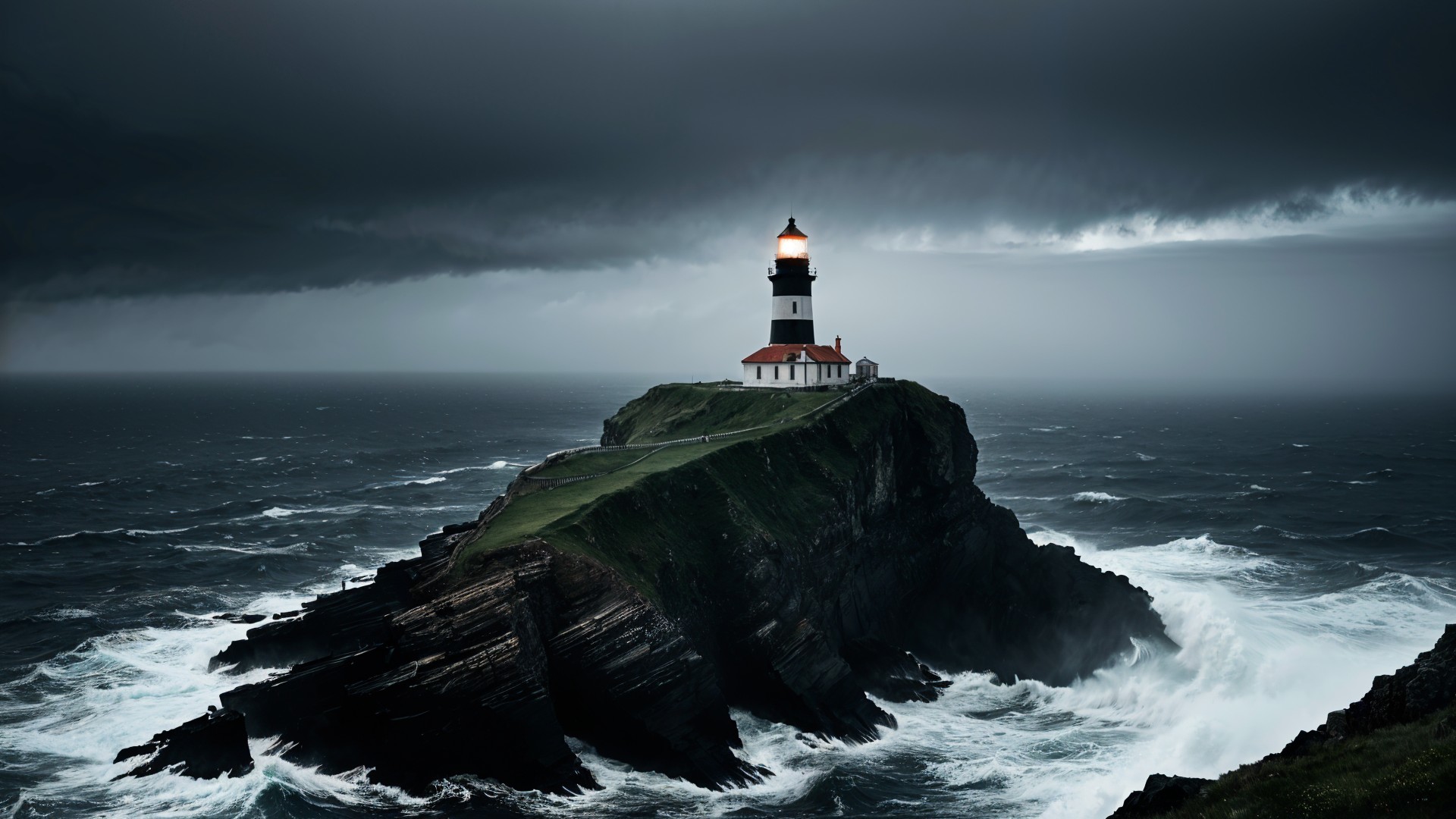 Lighthouse on Rugged Cliff Amidst Turbulent Ocean Waves