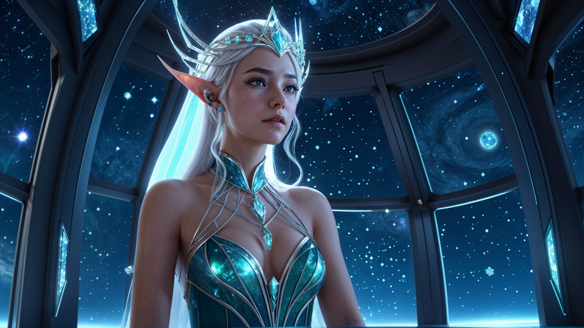 Regal figure in futuristic starry environment with gown
