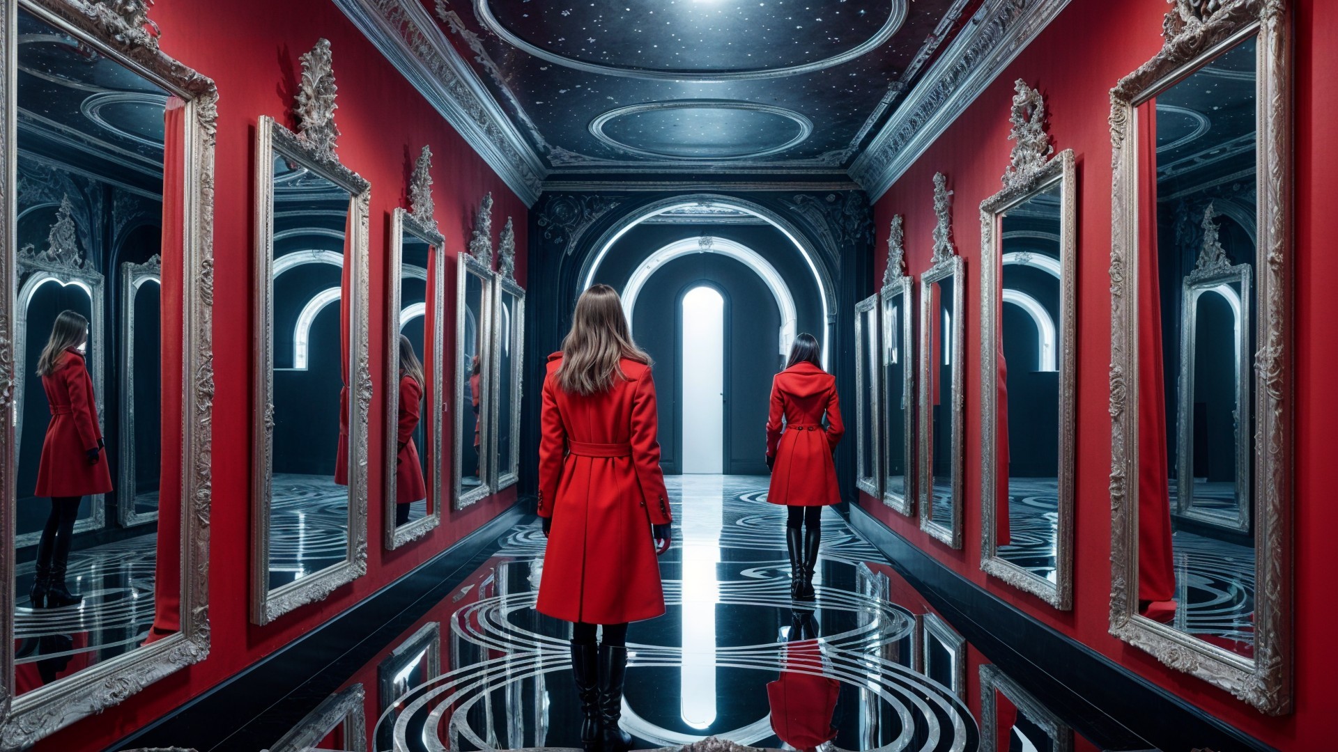 Dramatic Corridor with Red Walls and Glossy Floor